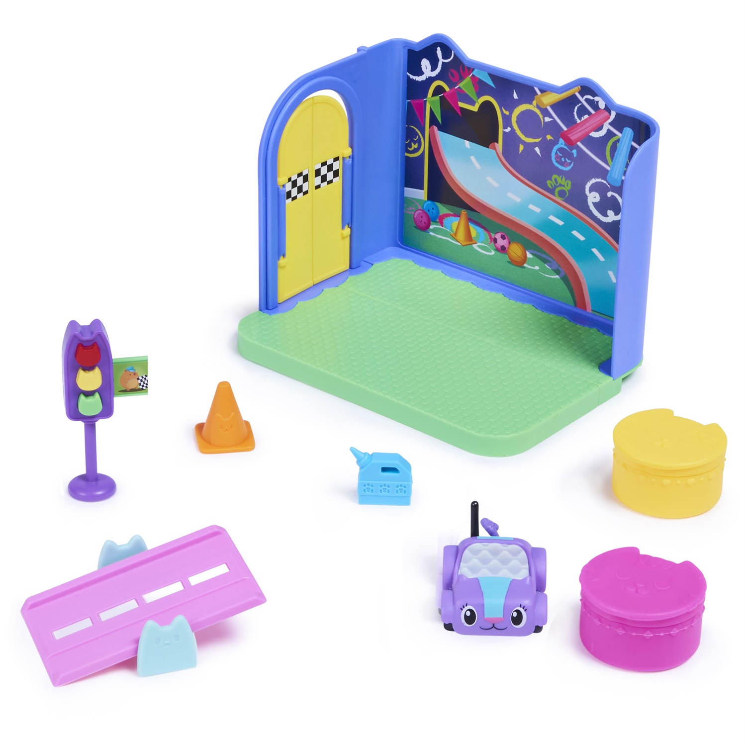 Gabby's Dollhouse - Stanza dei Giochi Purr-ific con Macchinina Giocattolo Carlita, Accessori, Mobili e Scatola con Sorpresa, per Bambini dai 3 Anni, Multicolore