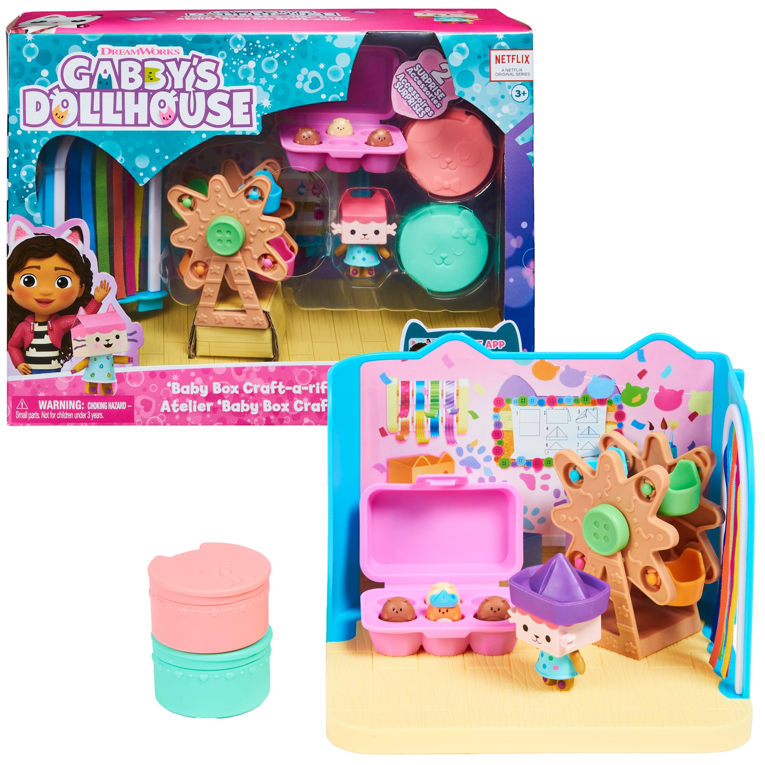 Gabby's Dollhouse - Stanza Baby Box Craft-a-riffic con Gatto Baby Scatola, tre Cricegatti, porta arcobaleno e scatole con sorpresa, per bambini dai 3 anni