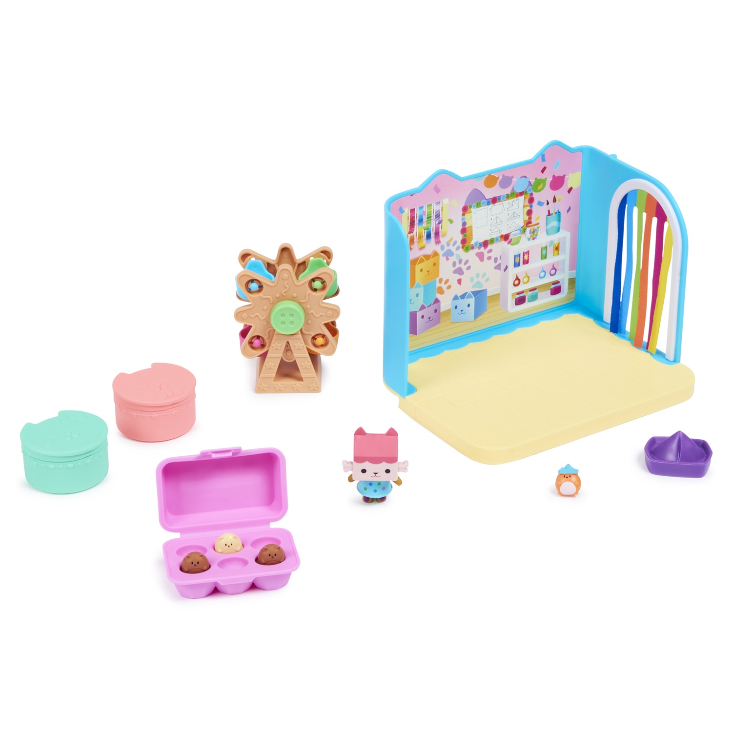 Gabby's Dollhouse - Stanza Baby Box Craft-a-riffic con Gatto Baby Scatola, tre Cricegatti, porta arcobaleno e scatole con sorpresa, per bambini dai 3 anni
