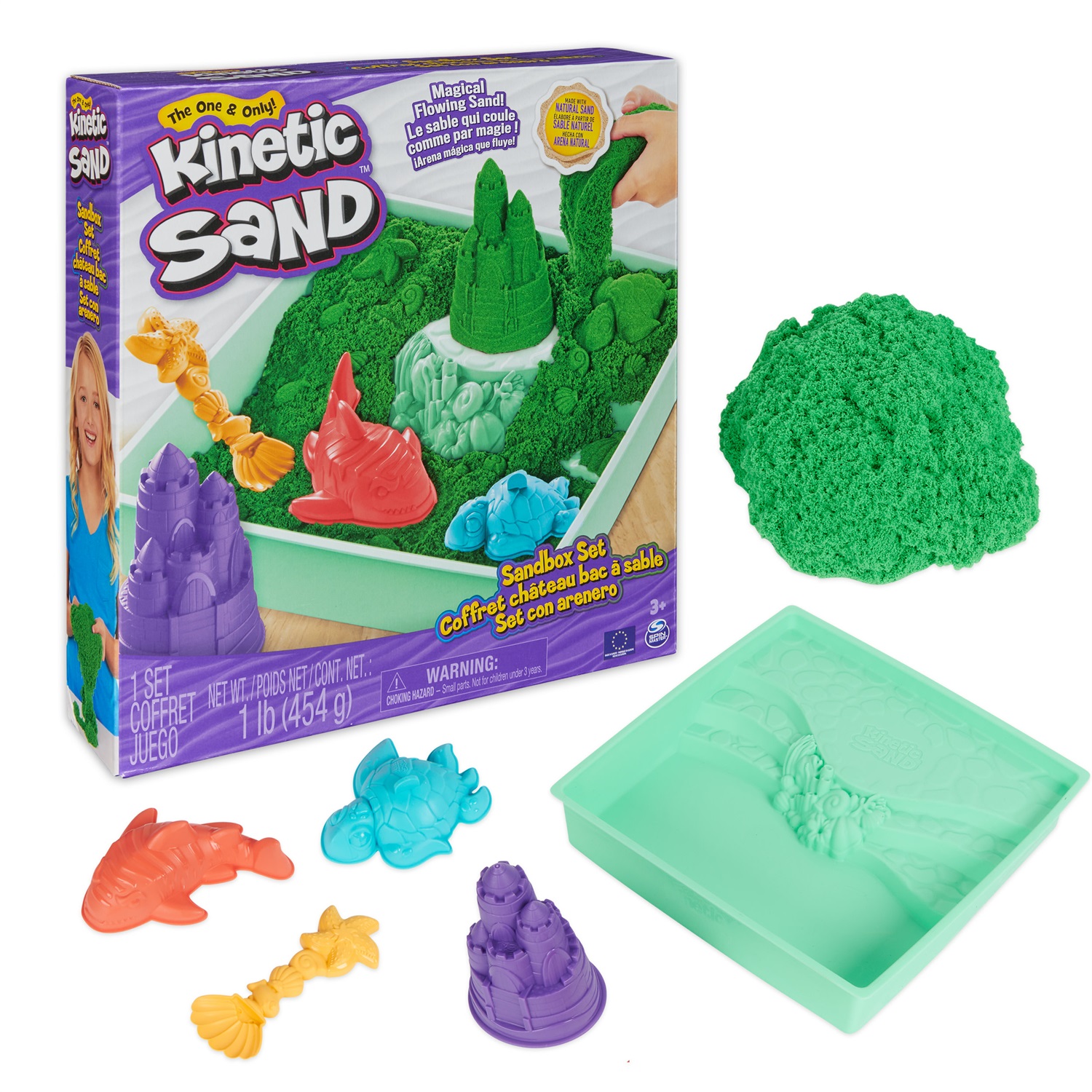 Kinetic Sand - Set di Sabbia Cinetica Verde con Vaschetta e 3 Formine, 454gr, Giocattolo Creativo per Bambini 3 Anni
