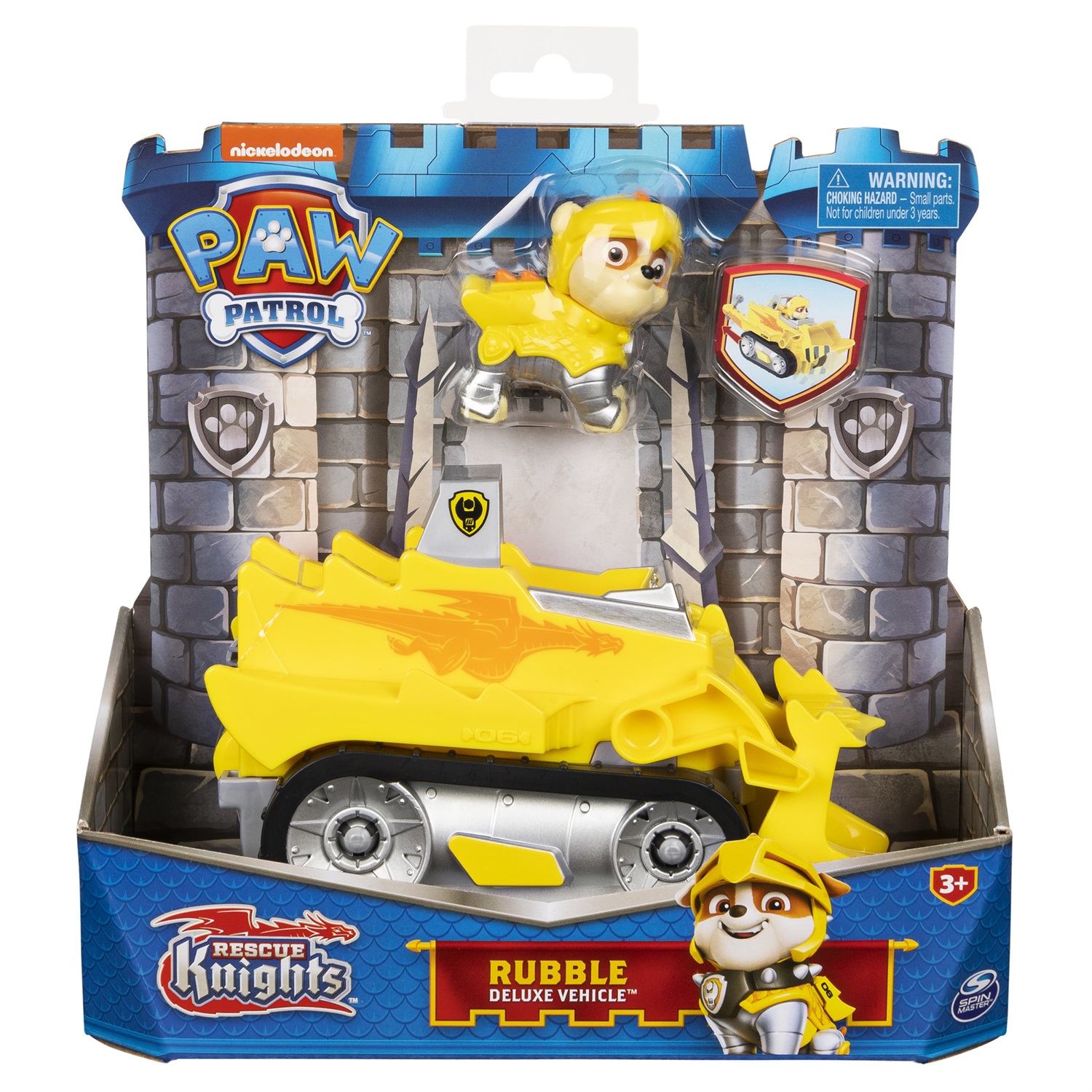 PAW Patrol | Veicolo Rescue Knights di Rubble | Bulldozer Deluxe con Personaggio Rubble e Armatura | Giochi per Bambini dai 3 Anni