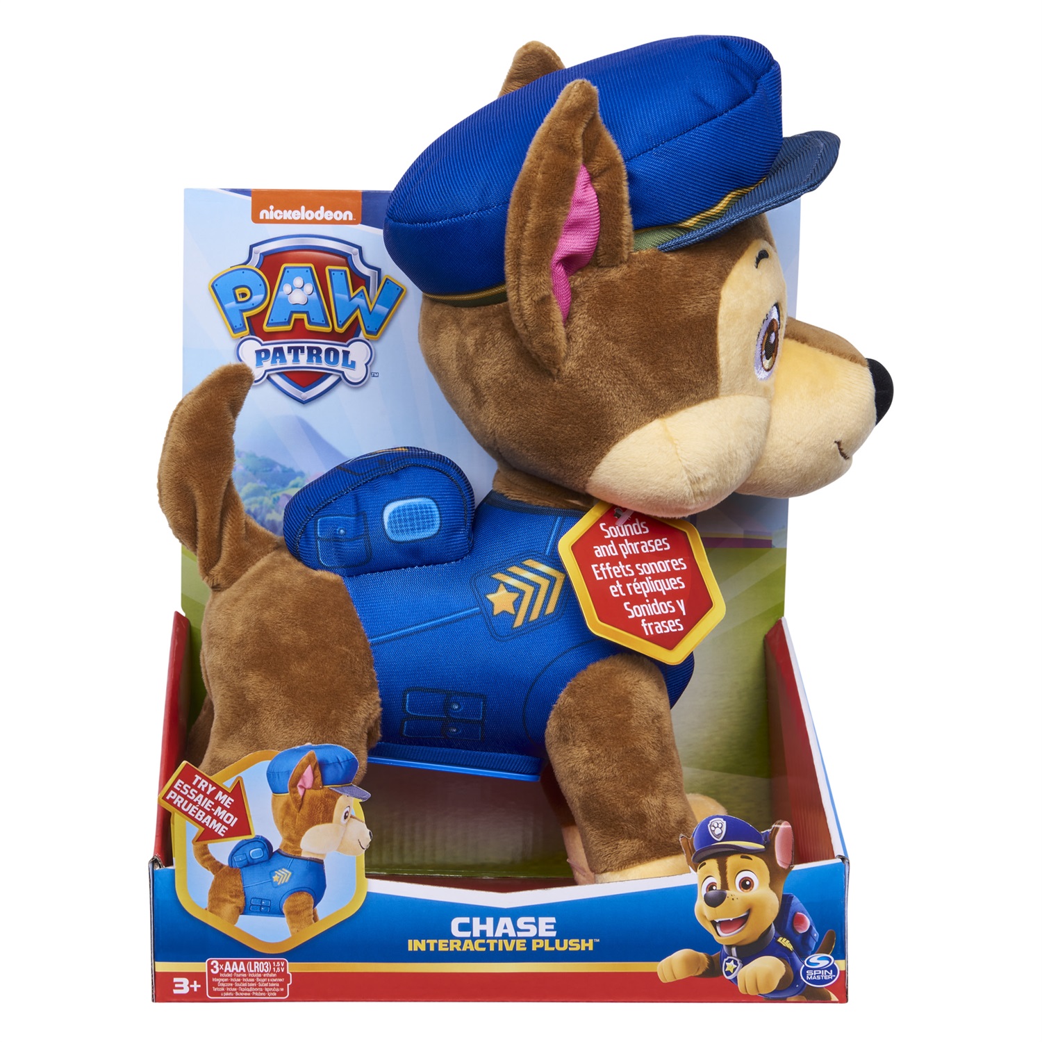 PAW Patrol , Chase parlante, peluche giocattolo interattivo con suoni, frasi e coda scodinzolanti, altezza 30,5 cm, animali di peluche, giocattoli per bambini dai 3 anni in su