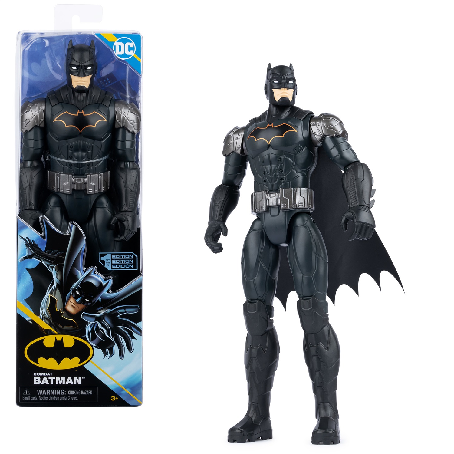 DC Comics | Batman | Personaggio in Scala 30 cm con Armatura Combact Grigia, Mantello in Vero Tessuto e 11 Punti di Articolazione - Giocattolo per Bambini dai 3 Anni