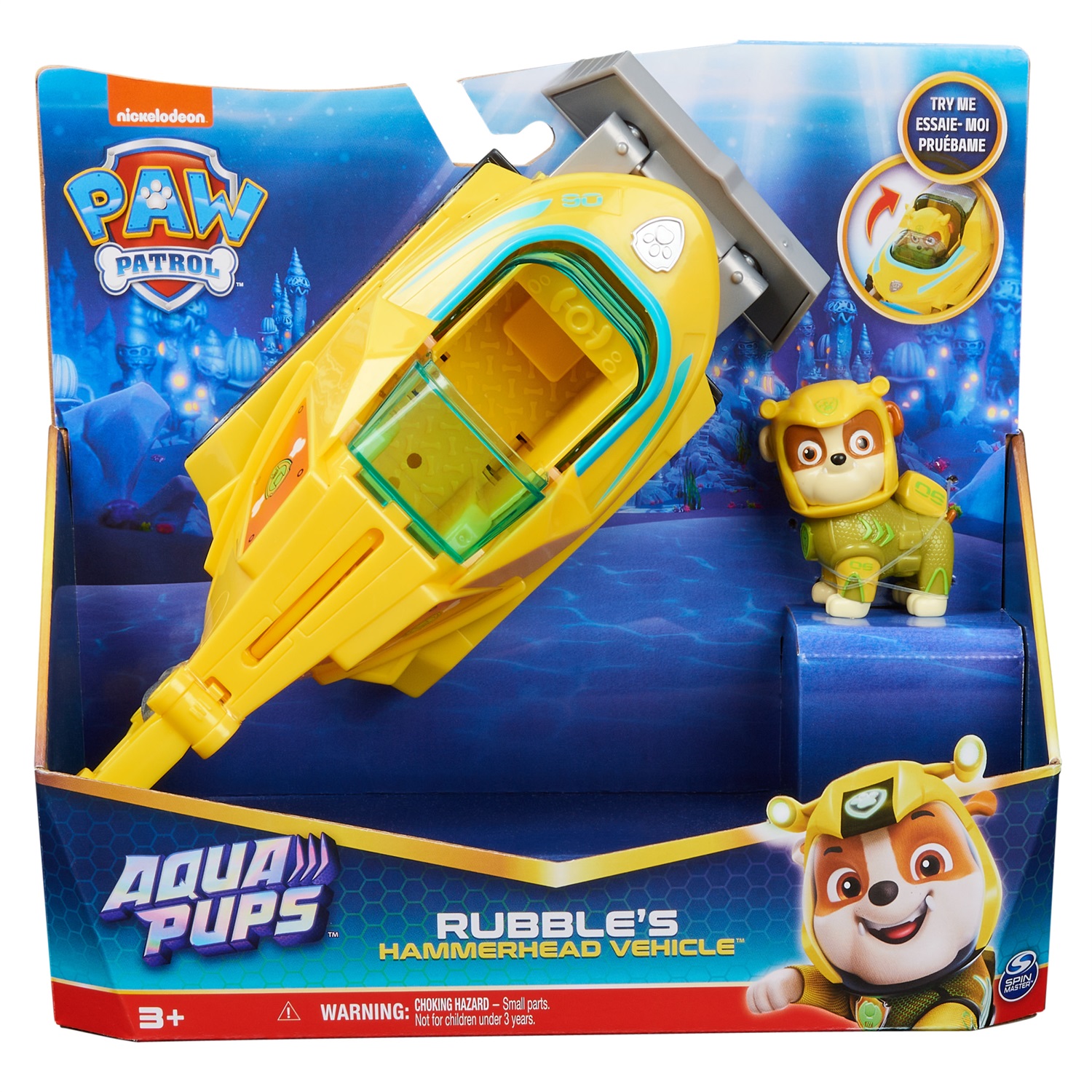 Paw Patrol Veicolo Trasformabile Aqua Pups di Rubble - Avventure Marine con Personaggio di Rubble incluso, Giochi per Bambini e Bambine, 3 anni