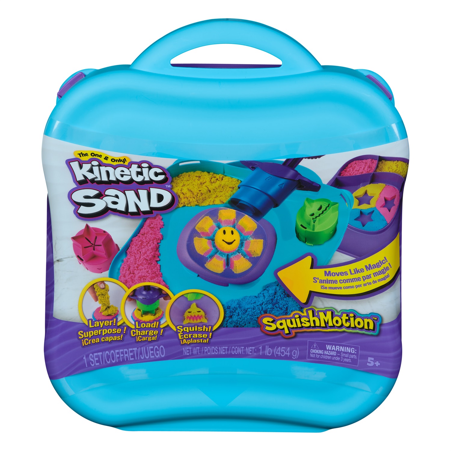 Spin Master Kinetic Sand Set di Gioco Squish Motion - Sabbia Cinetica Colorata 453g con 5 Accessori e Comoda Valigetta per Bambini 3 anni