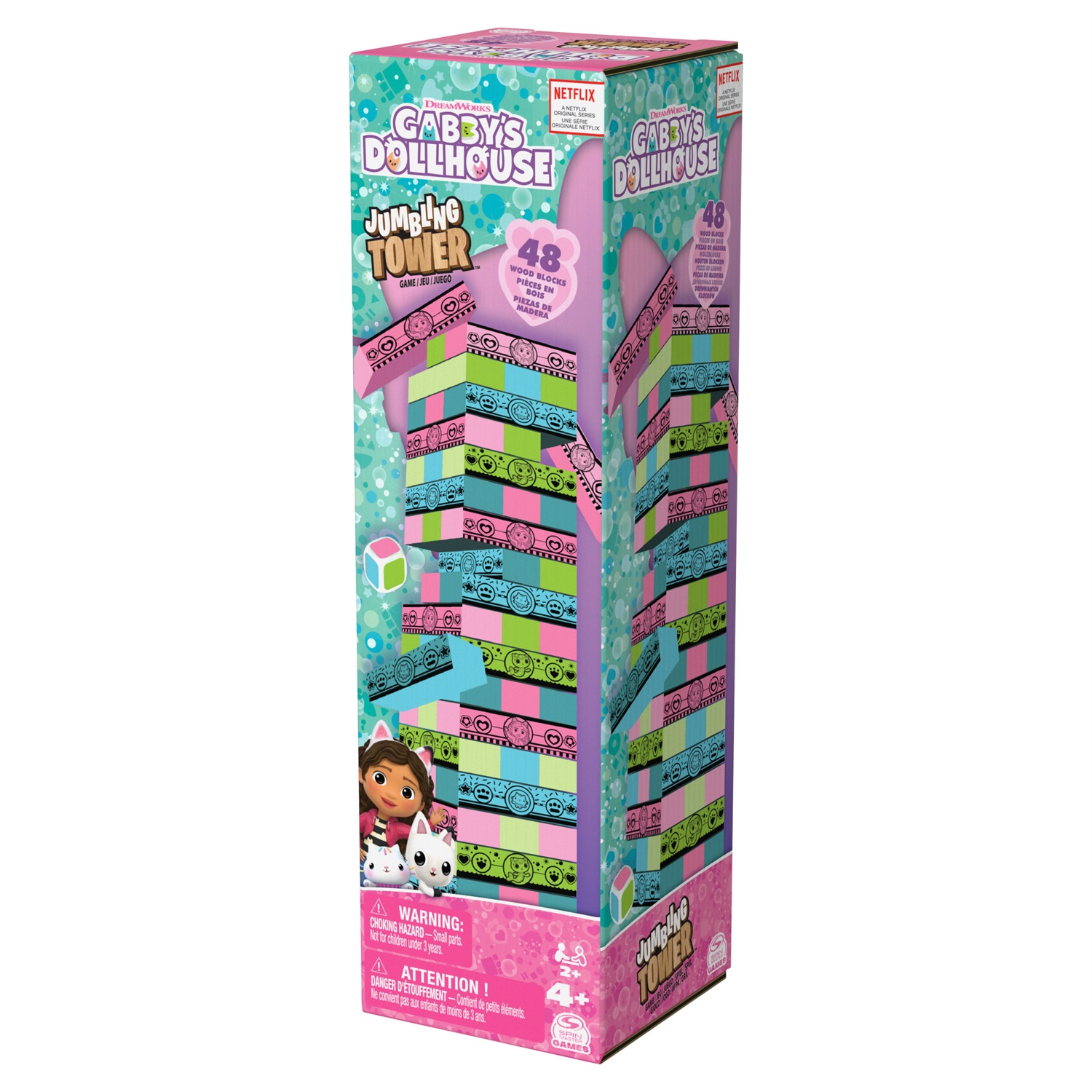 Spin Master - Gabby's Dollhouse, Gioco Jumbling Tower con Blocchi di Legno Colorati, 48 Pezzi, Giochi per Bambini 4 Anni