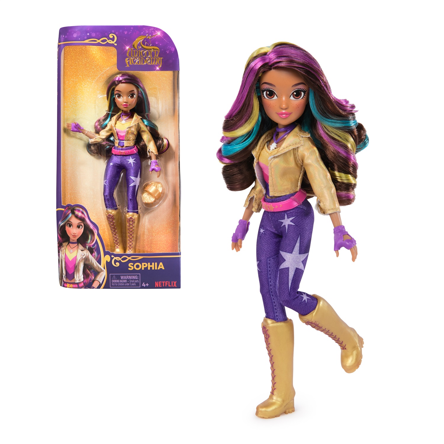 Unicorn Academy Bambola Sophia 24 cm con Capelli Arcobaleno, 6 Accessori alla Moda e Strumento per lo Styling, per Bambine 4 Anni