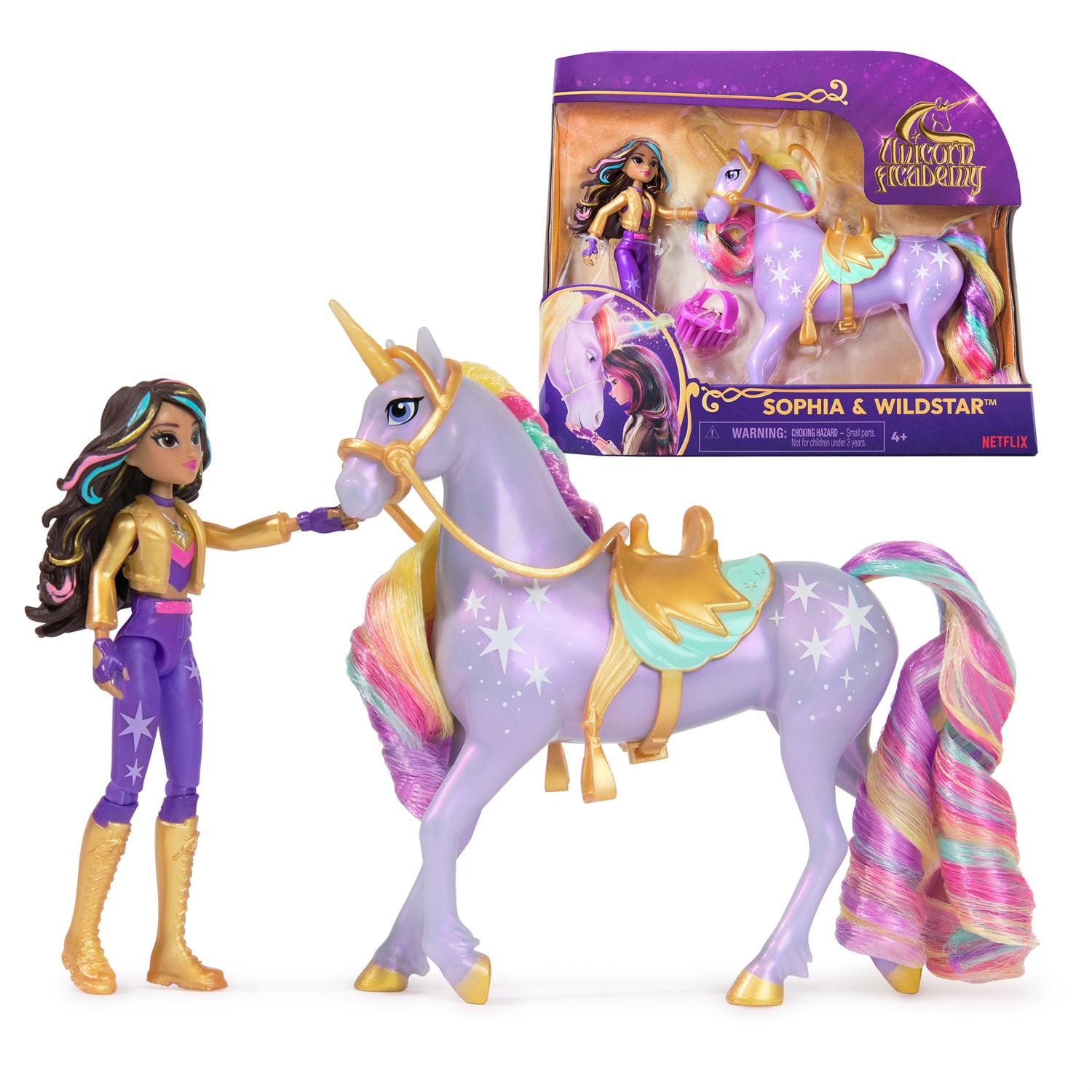 Spin Master Unicorn Academy Set Sophia & Wildstar con 2 Accessori per l'Equitazione e Strumento per lo Styling dei Capelli, Bambola da 11,5 cm con 9 Punti di Articolazione, Età 4