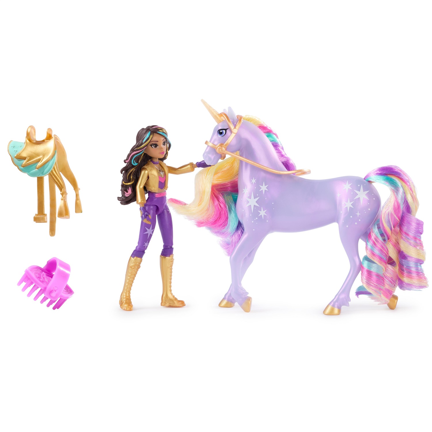 Spin Master Unicorn Academy Set Sophia & Wildstar con 2 Accessori per l'Equitazione e Strumento per lo Styling dei Capelli, Bambola da 11,5 cm con 9 Punti di Articolazione, Età 4