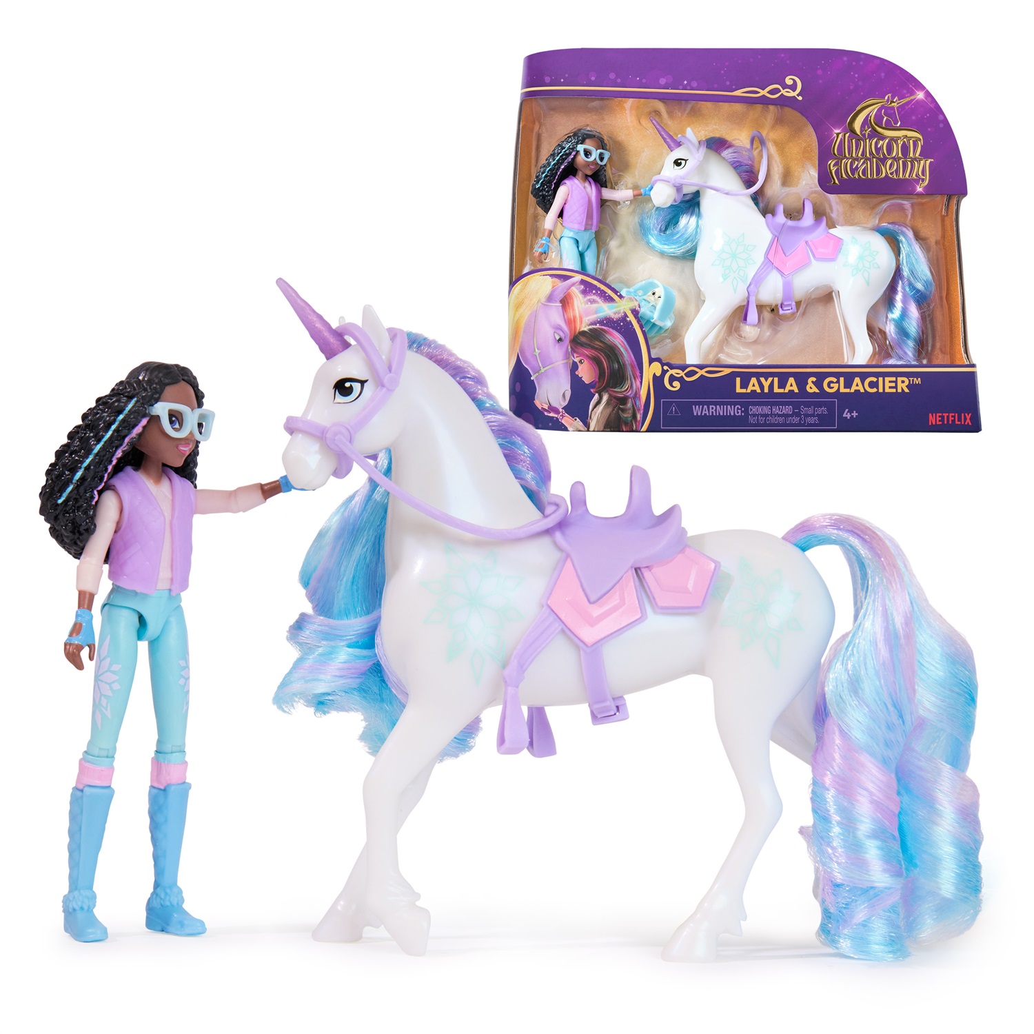 Spin Master Set Unicorn Academy Layla & Glacier con Bambola Snodabile, Unicorno e Accessori per l'Equitazione e Styling dei Capelli - Giocattolo per Bambine 4 Anni