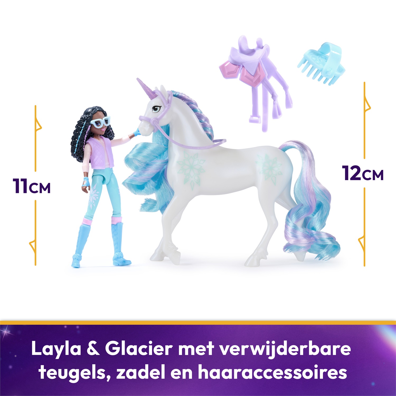 Spin Master Set Unicorn Academy Layla & Glacier con Bambola Snodabile, Unicorno e Accessori per l'Equitazione e Styling dei Capelli - Giocattolo per Bambine 4 Anni