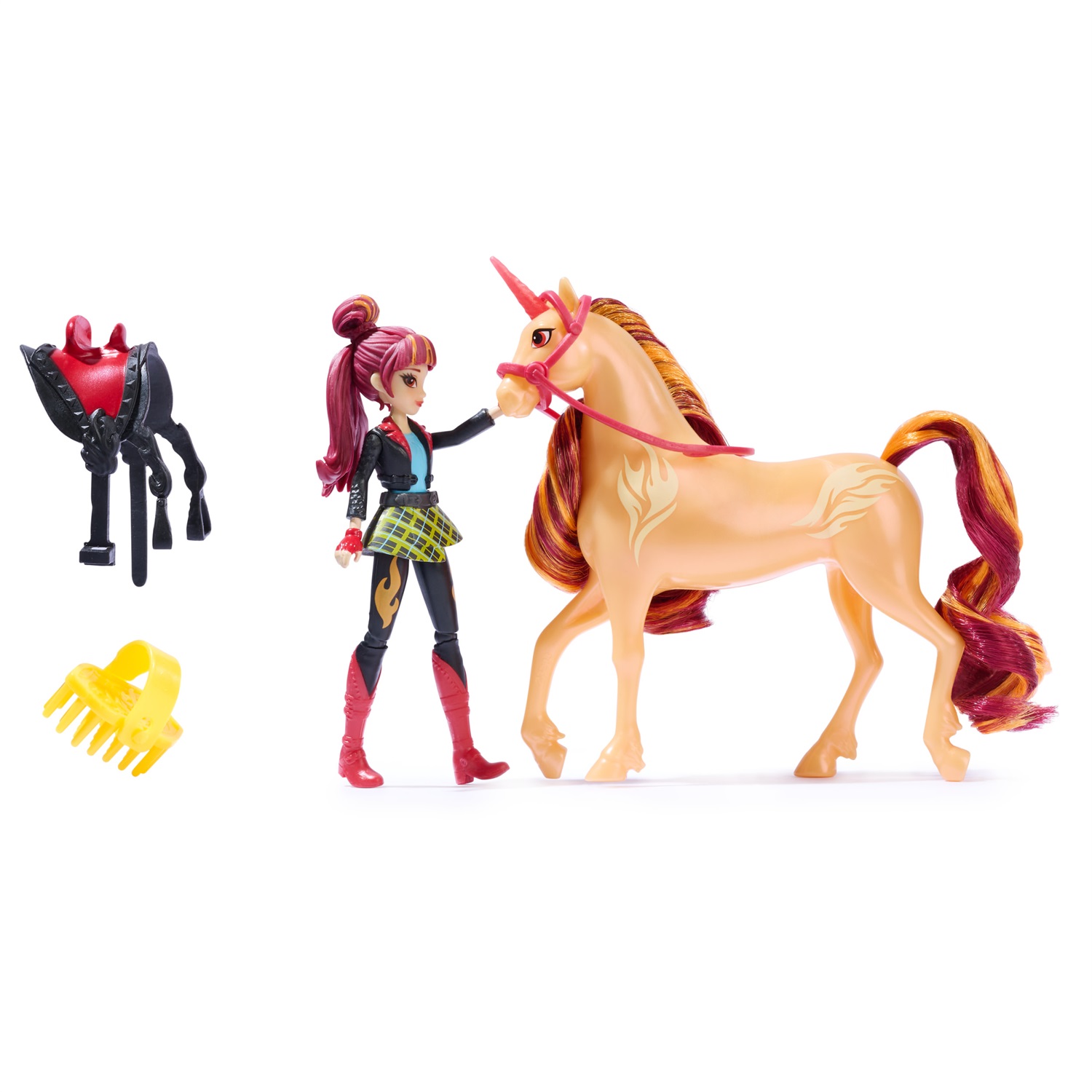 Spin Master Unicorn Academy Set Valentina & Cinder con Bambola Snodabile da 11,5 cm, Unicorno e 2 Accessori per l'Equitazione e Styling dei Capelli, Giocattolo per Bambine 4 Anni