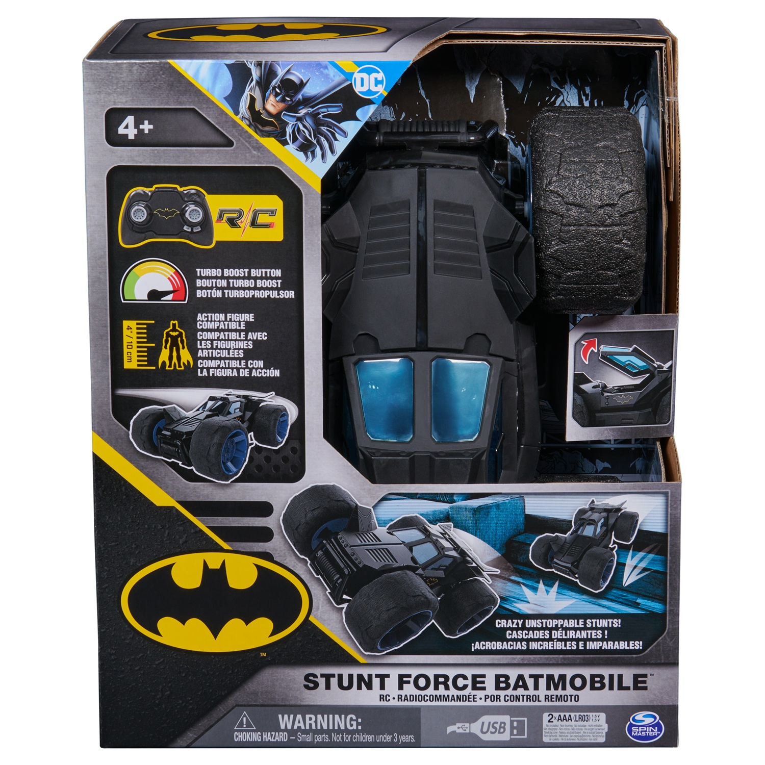 DC Comics Batmobile Stunt Force - Auto telecomandata per acrobazie, compatibile con action figure Batman, per bambini 4 anni