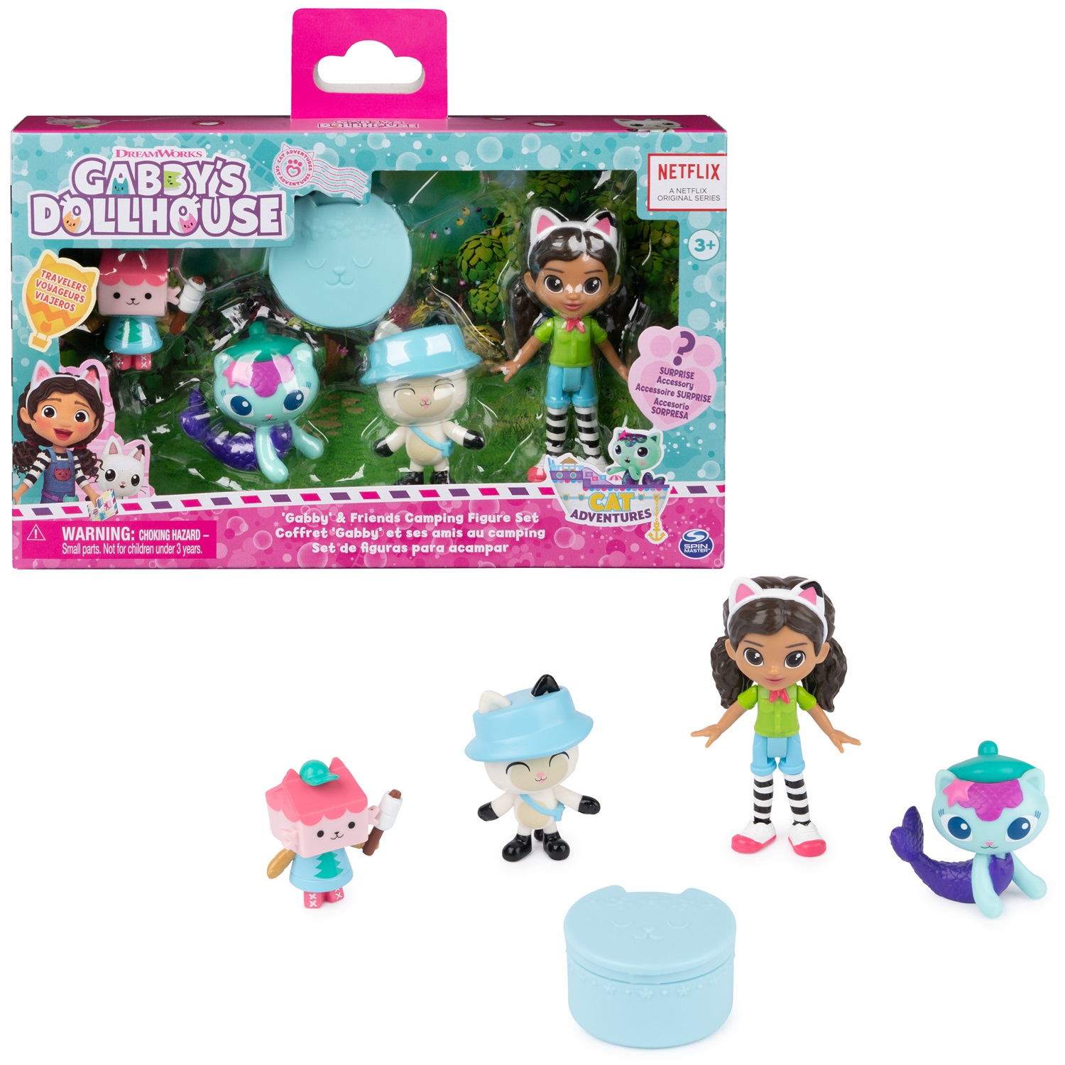 Spin Master Gabby's Dollhouse - Confezione da 4 personaggi in versione campeggio: Gabby, Pandy Panda, Baby Scatola e Siregatta, giocattoli per bambine e bambini dai 3 anni in su