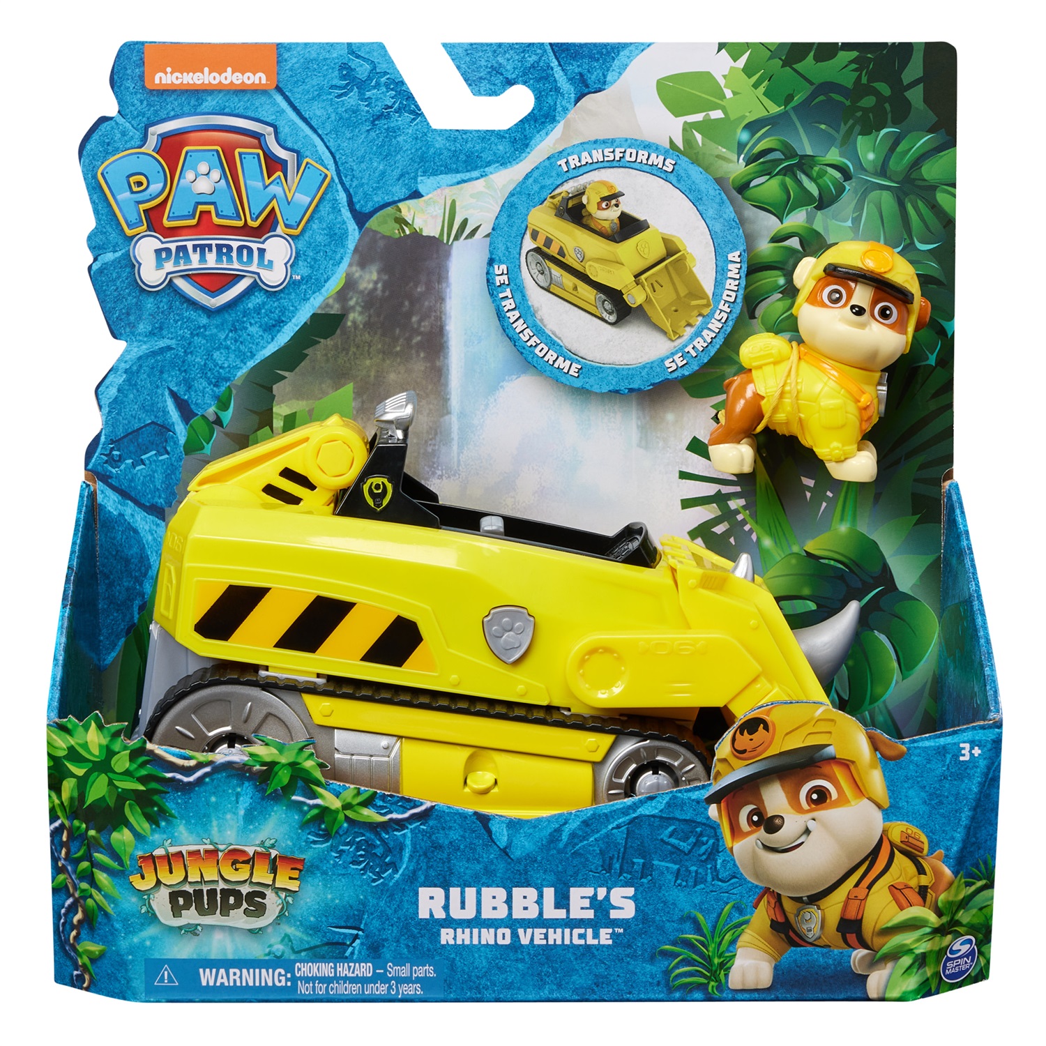 Spin Master PAW Patrol Jungle Pups - Veicolo Rinoceronte di Rubble Trasformabile con Personaggio Rubble da Collezione, Giocattolo per Bambini dai 3 Anni in Su