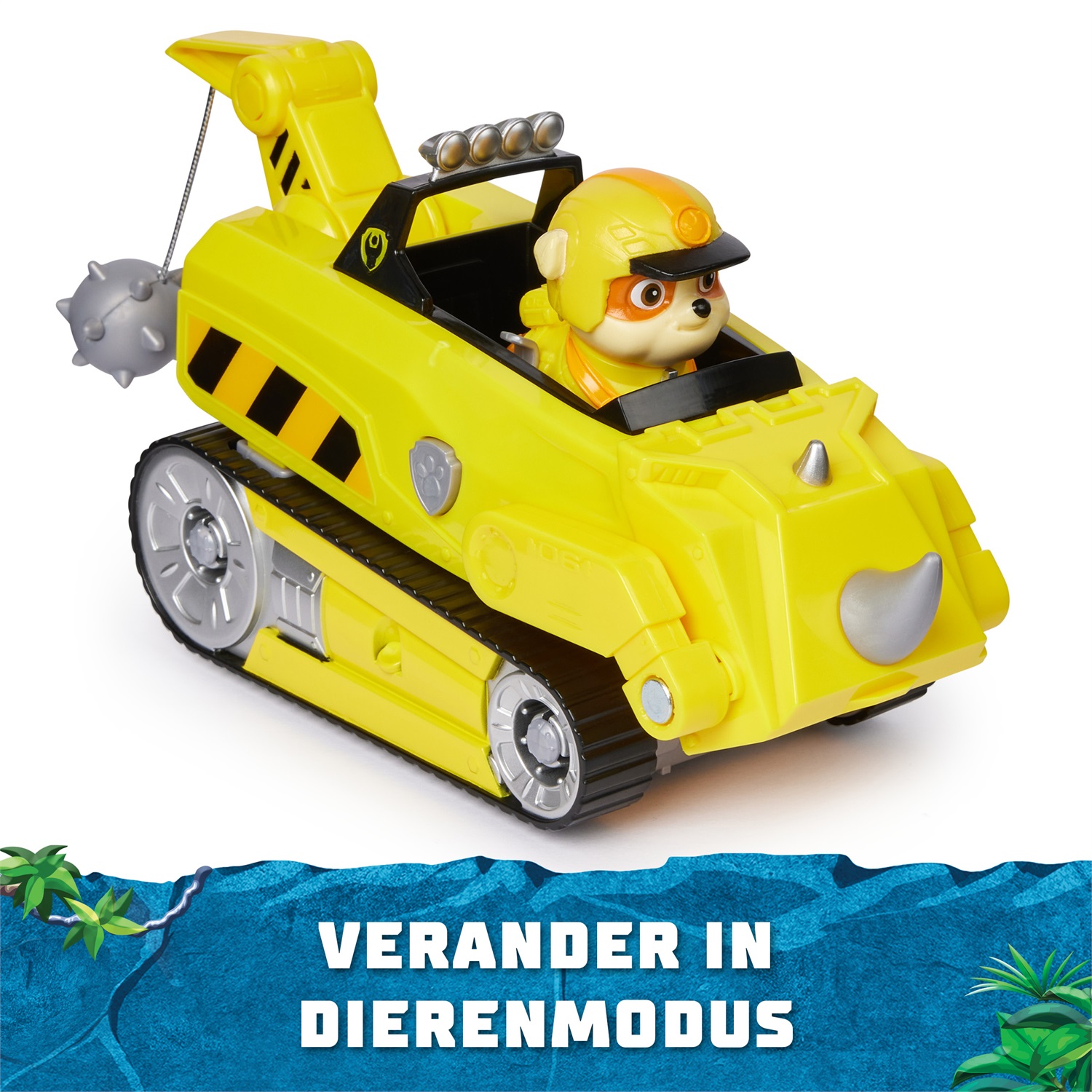 Spin Master PAW Patrol Jungle Pups - Veicolo Rinoceronte di Rubble Trasformabile con Personaggio Rubble da Collezione, Giocattolo per Bambini dai 3 Anni in Su