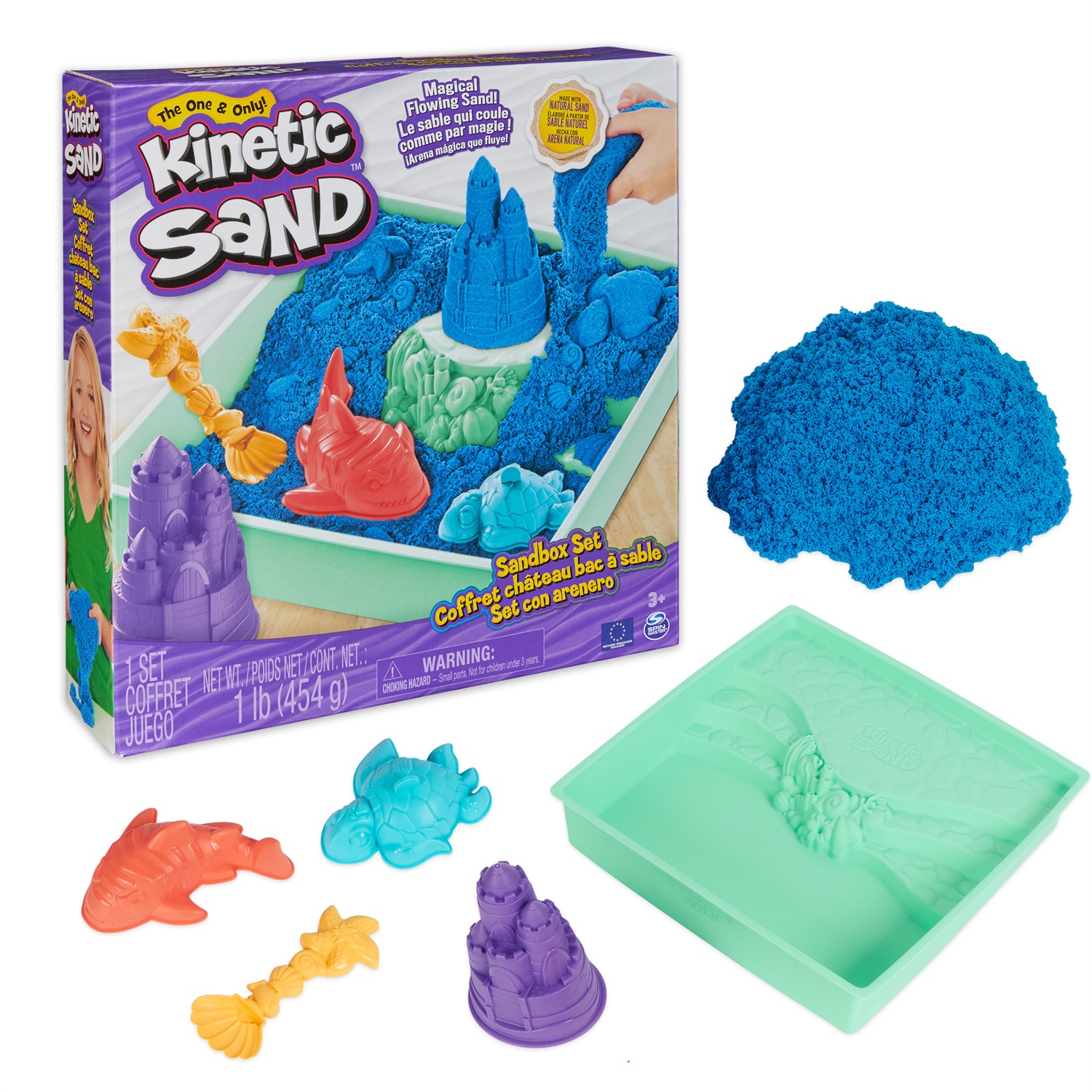 Spin Master Kinetic Sand Playset Castelli di Sabbia - Sabbia cinetica colorata a sorpresa 454gr con 3 formine incluse e vaschetta, giocattolo per bambini 3 anni