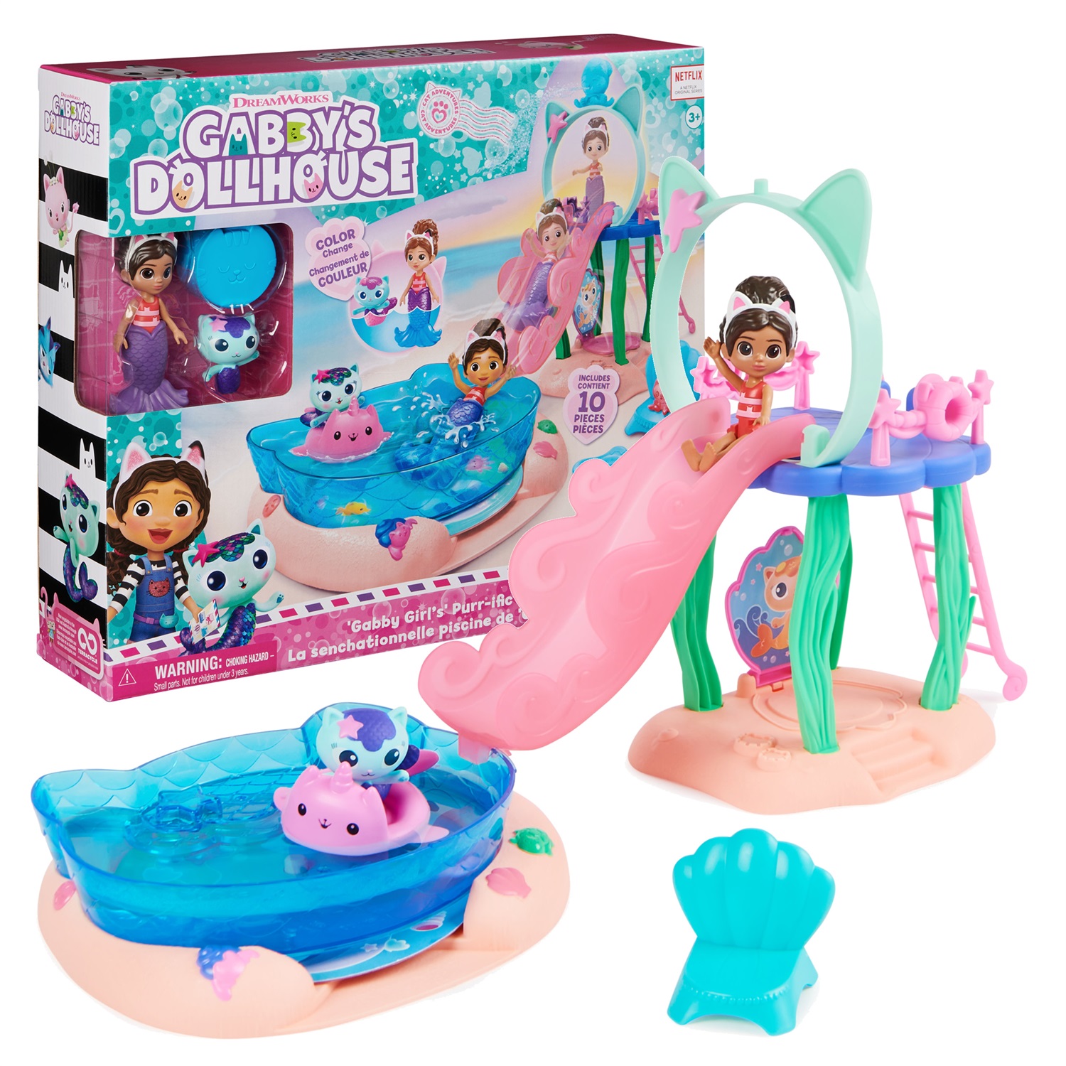 Gabby's Dollhouse - Piscina di Gabby con Personaggi Gabby e Siregatta, Cambiano Colore a Contatto con l'Acqua, Giocattolo per Bambini 3 Anni