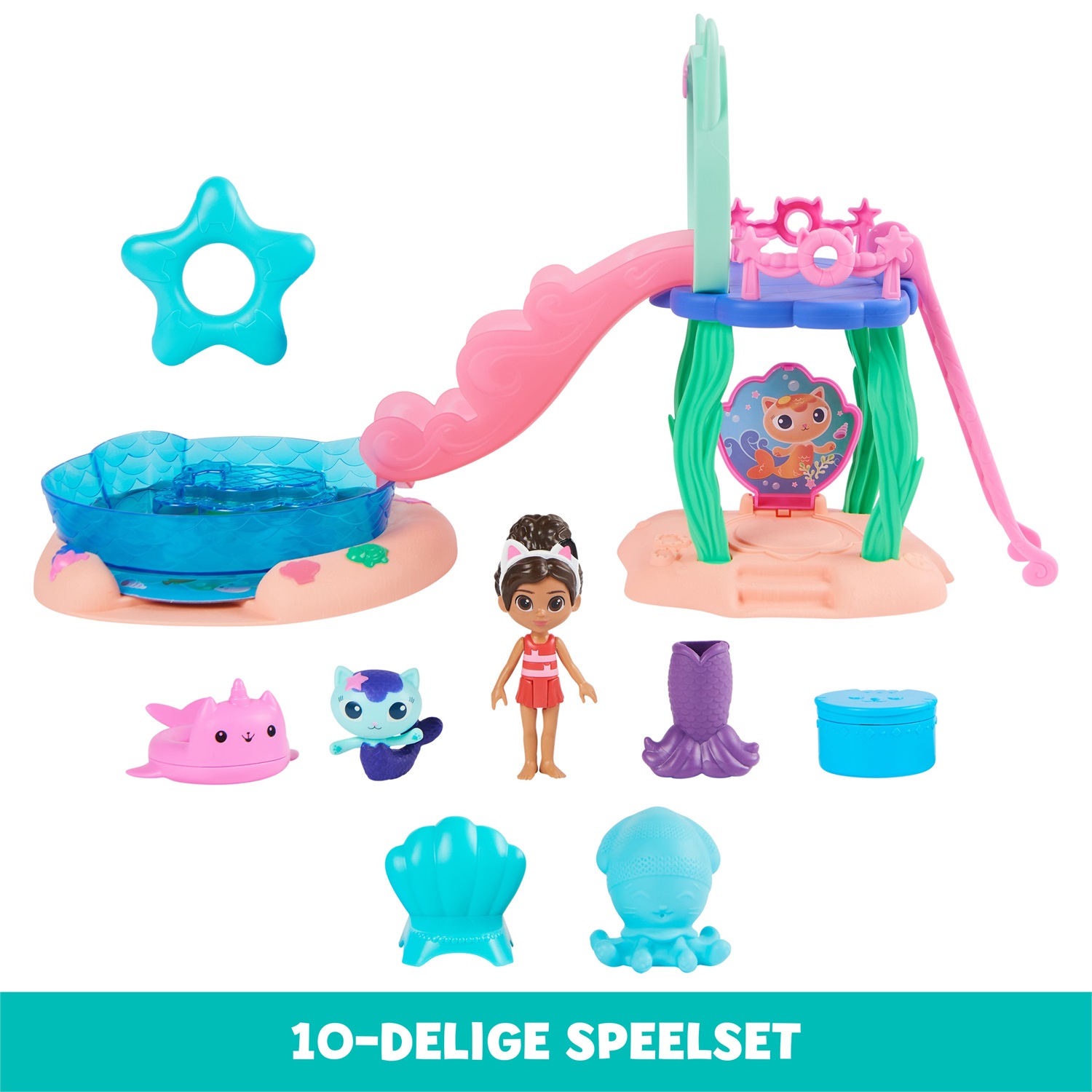 Gabby's Dollhouse - Piscina di Gabby con Personaggi Gabby e Siregatta, Cambiano Colore a Contatto con l'Acqua, Giocattolo per Bambini 3 Anni