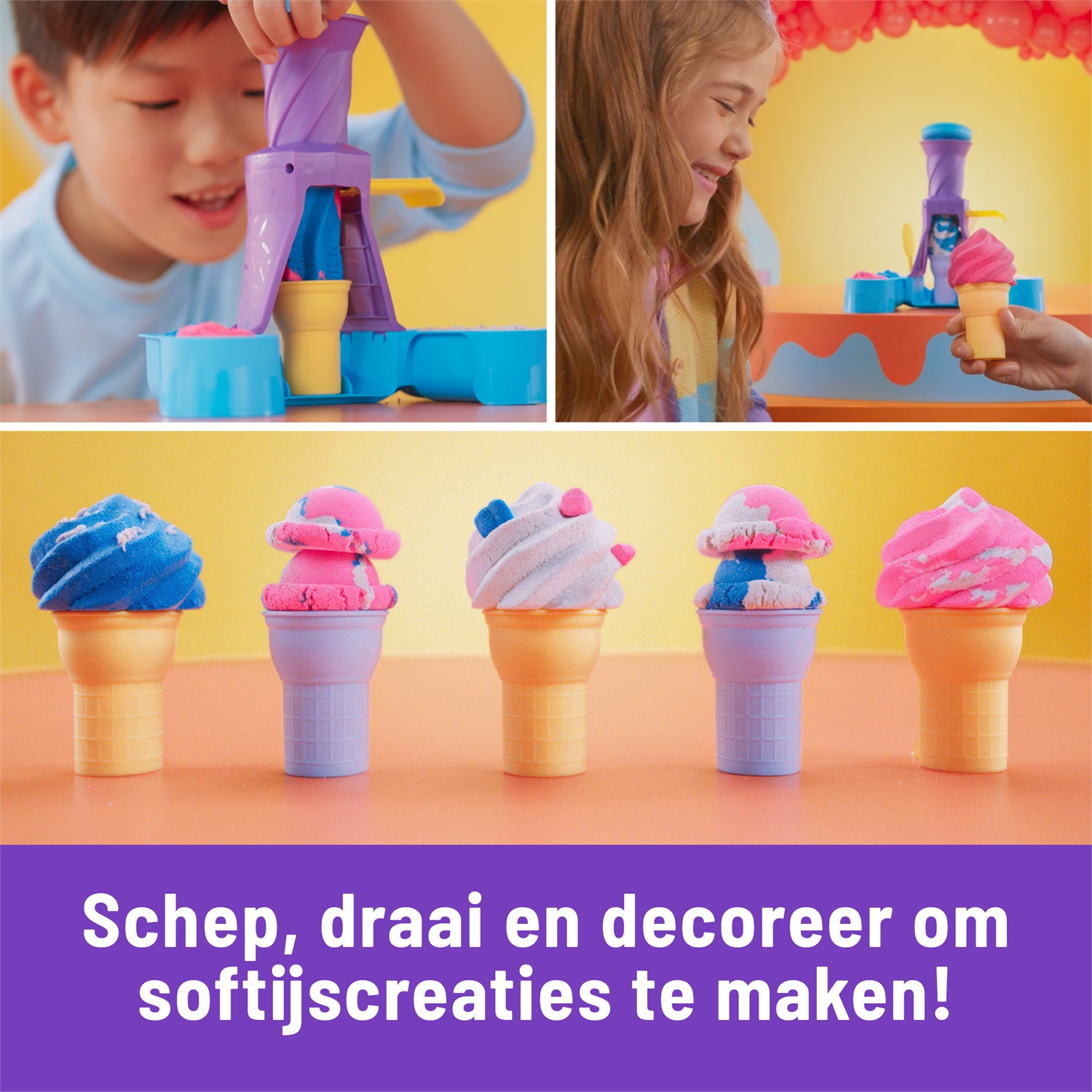 Kinetic Sand , Gelateria Colorata, Sabbia Cinetica Colorata, 396g di Sabbia Blu, Rosa e Bianca, 2 Coni Gelato Giocattolo, 2 Strumenti per Decorare, Giocattoli per Bambini e Bambine, 3+ Anni