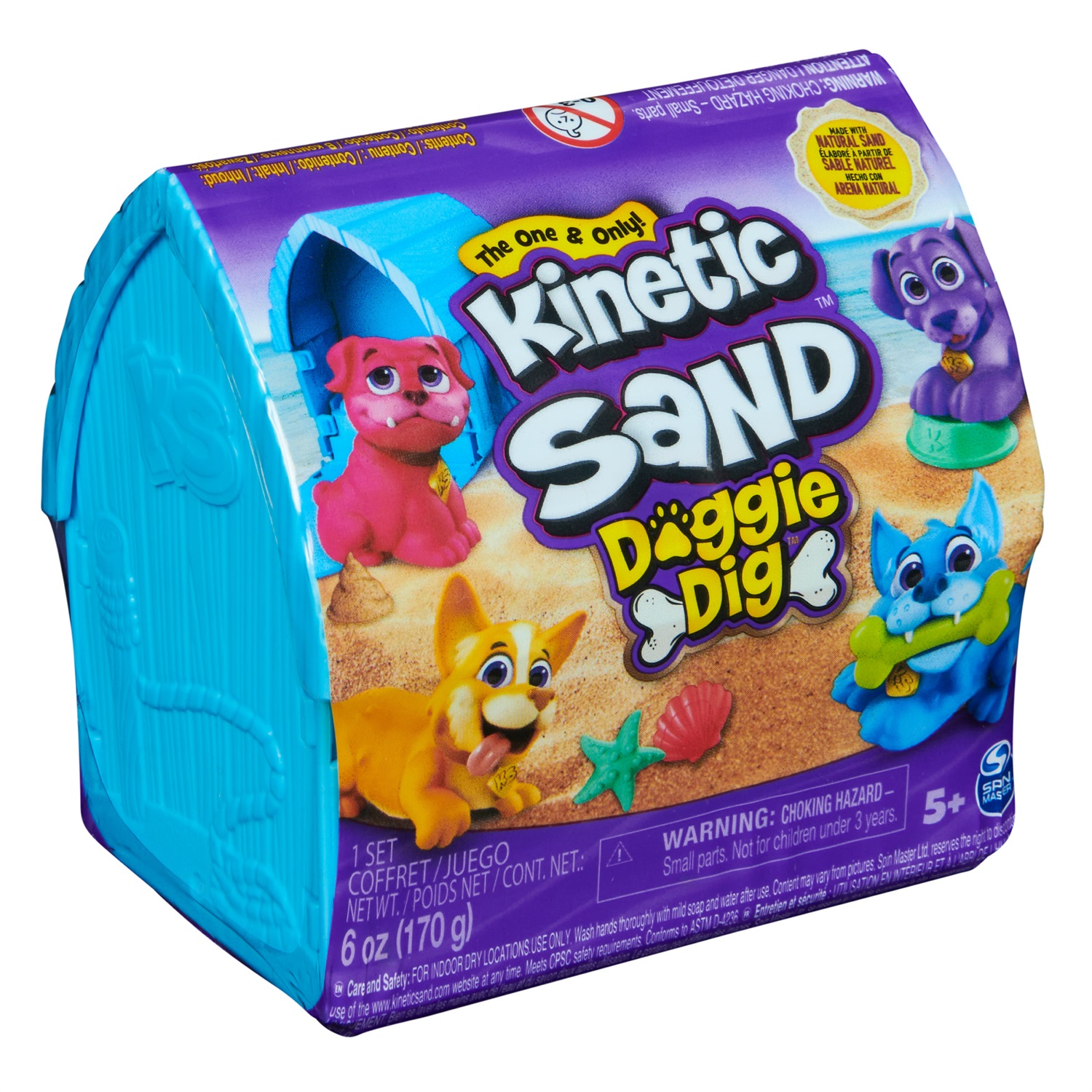 Spin Master Kinetic Sand Mini Cagnolino - 170g di Sabbia Cinetica Naturale, 1 Cagnolino a Sorpresa, 2 Accessori, Custodia a Forma di Cuccia, Giocattoli per Bambini 3