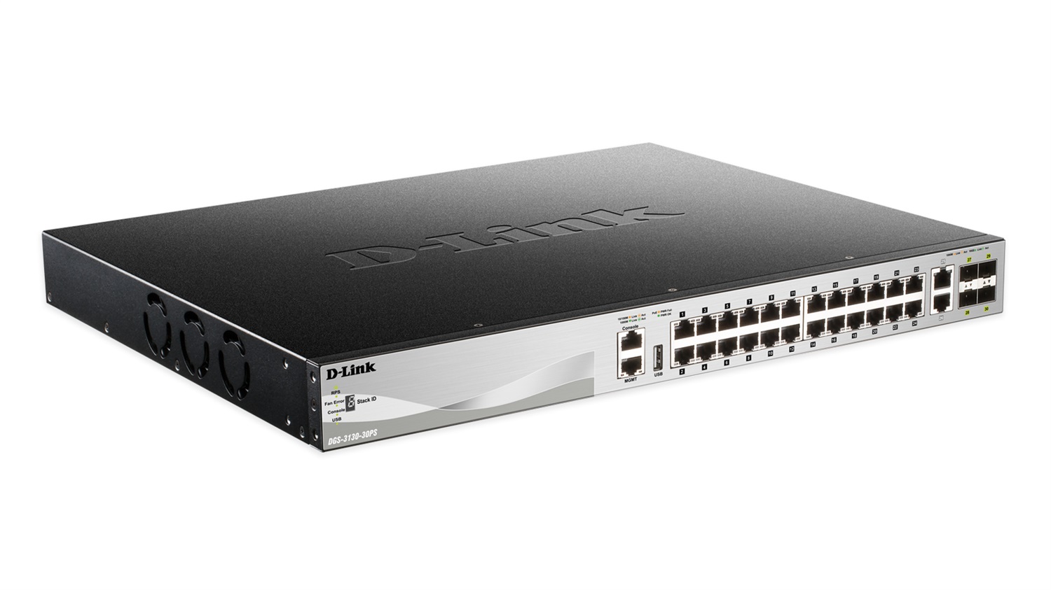 D-Link DGS-3130-30PS Switch di Rete Gestito L3 Gigabit Ethernet (10/100/1000) con 24 Porte RJ45 e 4 Porte SFP , Supporto Power over Ethernet (PoE), Montaggio Rack, Nero e Grigio
