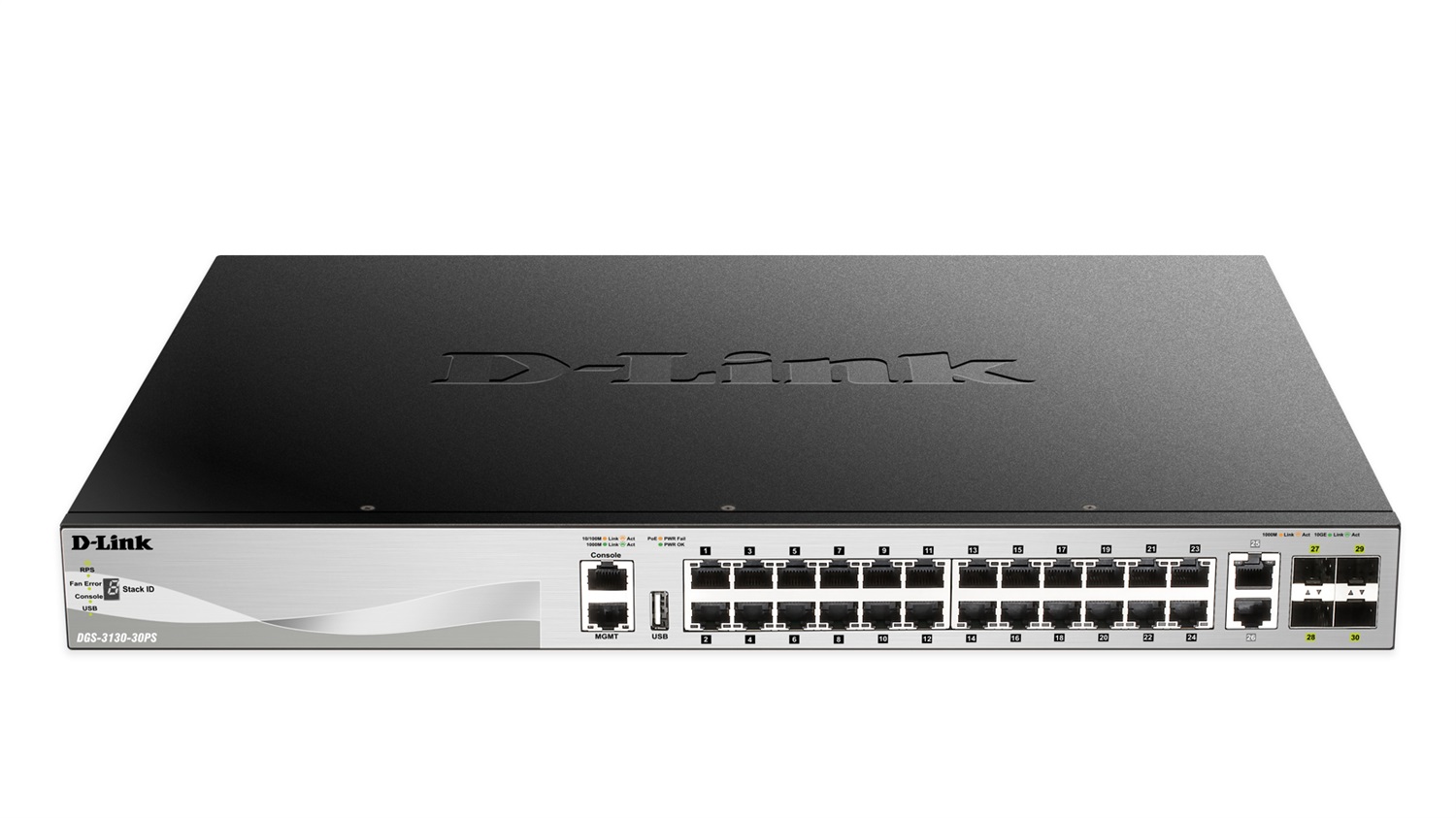D-Link DGS-3130-30PS Switch di Rete Gestito L3 Gigabit Ethernet (10/100/1000) con 24 Porte RJ45 e 4 Porte SFP , Supporto Power over Ethernet (PoE), Montaggio Rack, Nero e Grigio
