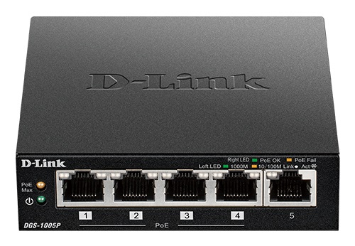 D-Link DGS-1005P Switch di rete Non gestito 5 Porte Gigabit Ethernet (10/100/1000) con Supporto Power over Ethernet (PoE) fino a 60W, Montabile a Parete