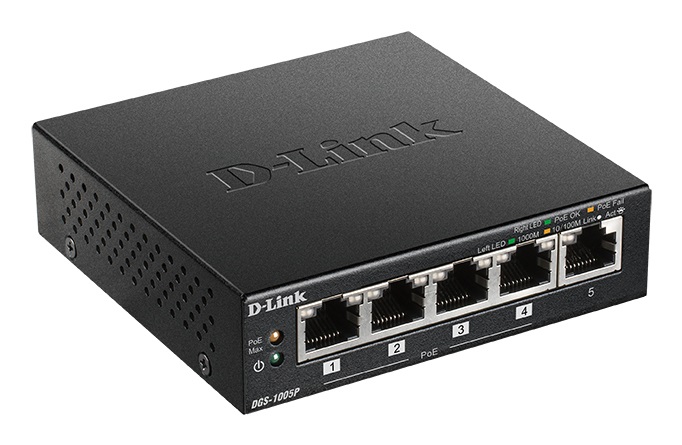 D-Link DGS-1005P Switch di rete Non gestito 5 Porte Gigabit Ethernet (10/100/1000) con Supporto Power over Ethernet (PoE) fino a 60W, Montabile a Parete