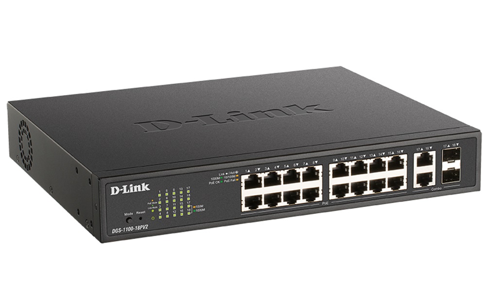 D-Link DGS-1100-18PV2 switch di rete Gestito L2 Gigabit Ethernet (10/100/1000) Supporto Power over Ethernet (PoE) 1U Nero