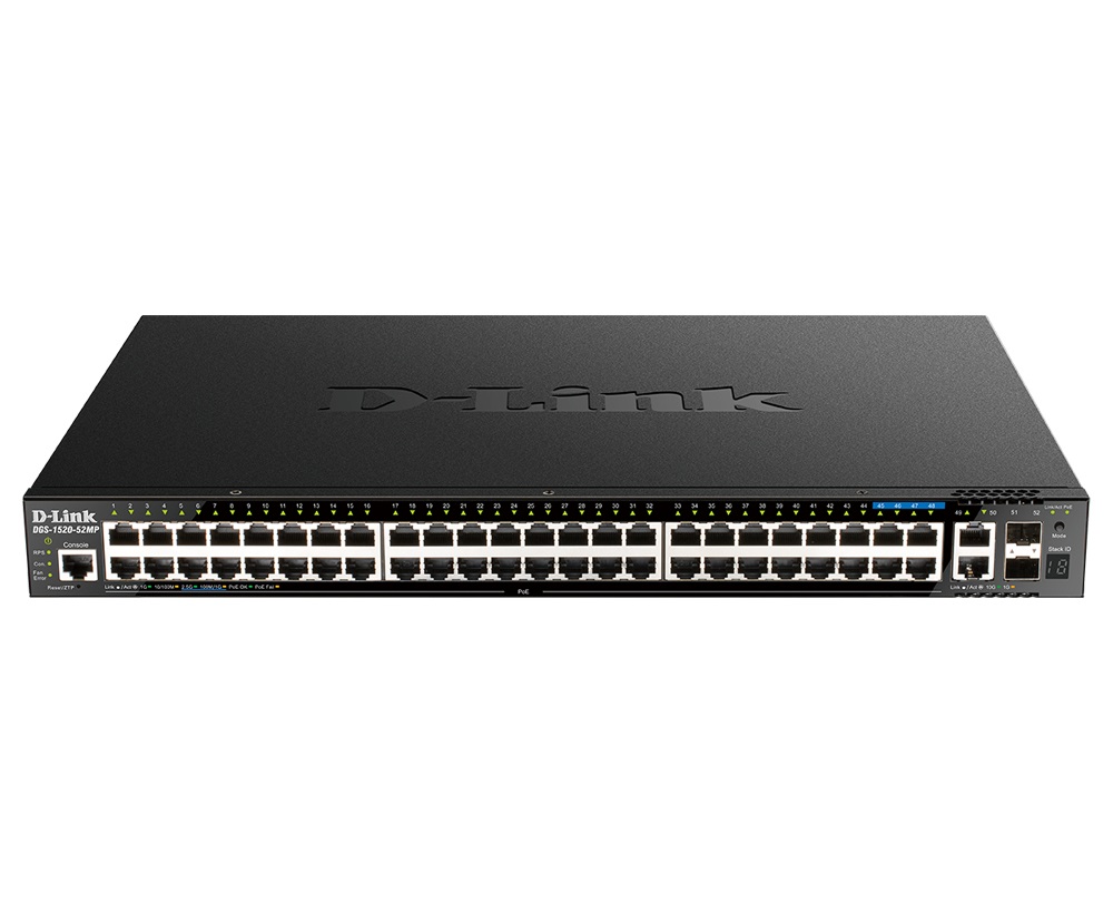 D-Link DGS-1520-52MP Switch di Rete Gestito L3 Gigabit Ethernet (10/100/1000) con 44 Porte Gigabit, 4 Porte 2.5G PoE, 2 Porte 10G e 2 SFP , Supporto Power over Ethernet, Montaggio Rack 1U, Nero