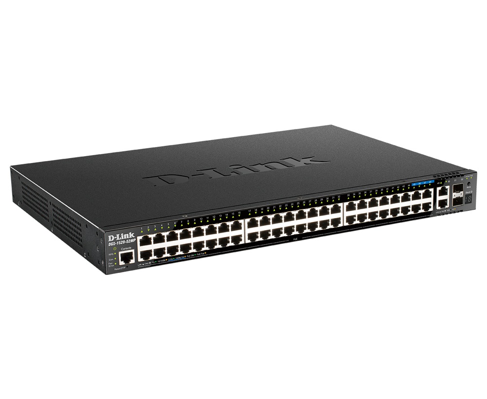 D-Link DGS-1520-52MP Switch di Rete Gestito L3 Gigabit Ethernet (10/100/1000) con 44 Porte Gigabit, 4 Porte 2.5G PoE, 2 Porte 10G e 2 SFP , Supporto Power over Ethernet, Montaggio Rack 1U, Nero