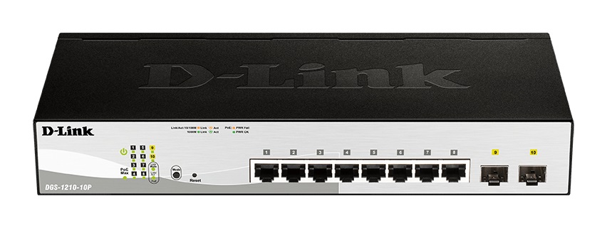 D-Link DGS-1210-10P Switch Smart Managed 10 Porte Gigabit Ethernet (10/100/1000) con 8 Porte PoE e 2 Porte SFP, Montaggio Rack 1U, Nero