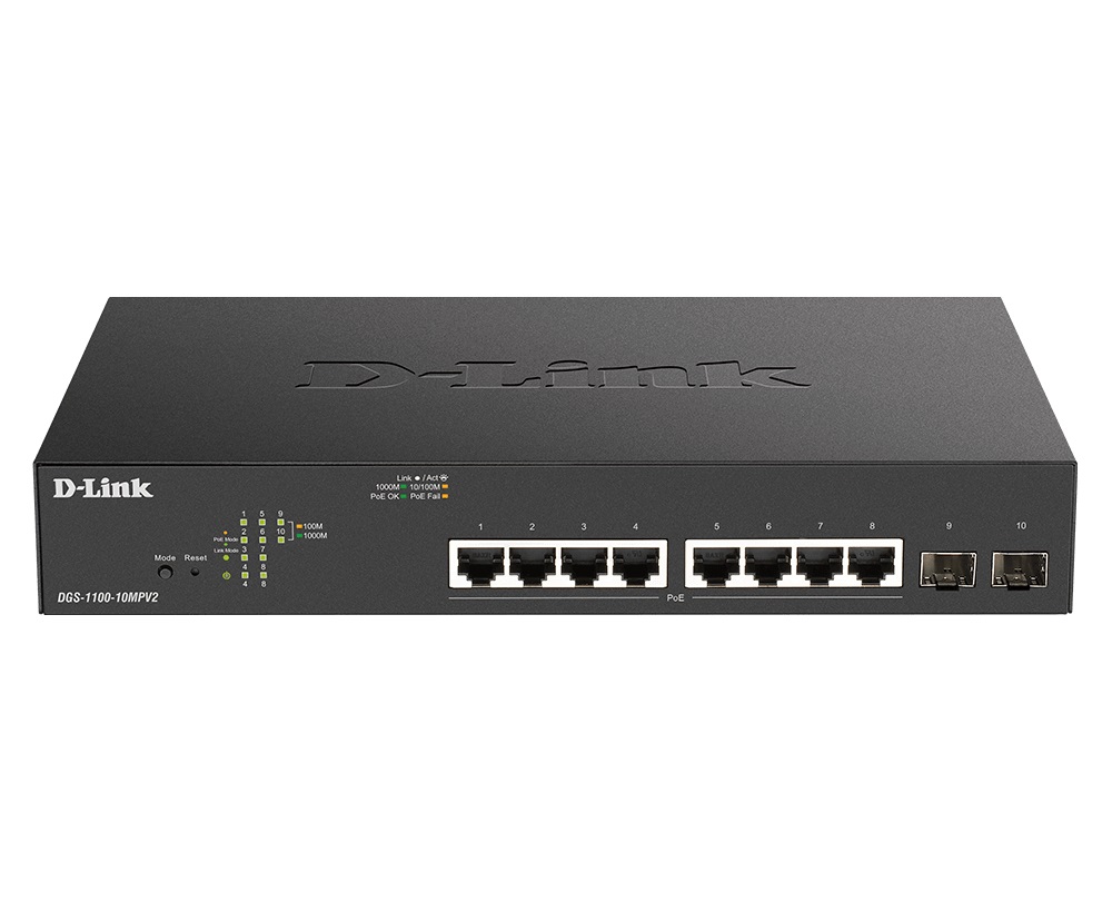 D-Link DGS-1100-10MPV2 Switch Smart Gestito L2 Gigabit Ethernet 10 Porte (8x10/100/1000 PoE 2xSFP) 130W, Supporto VLAN e QoS, Montaggio Rack 1U, Nero