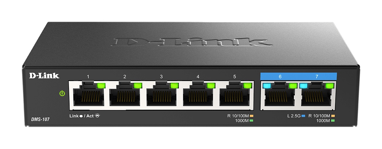 D-Link DMS-107/B Switch Non Gestito Multi-Gigabit a 7 Porte con 2 Porte 2.5G e 5 Gigabit, Senza Ventola, Compatto e Alloggiamento in Metallo