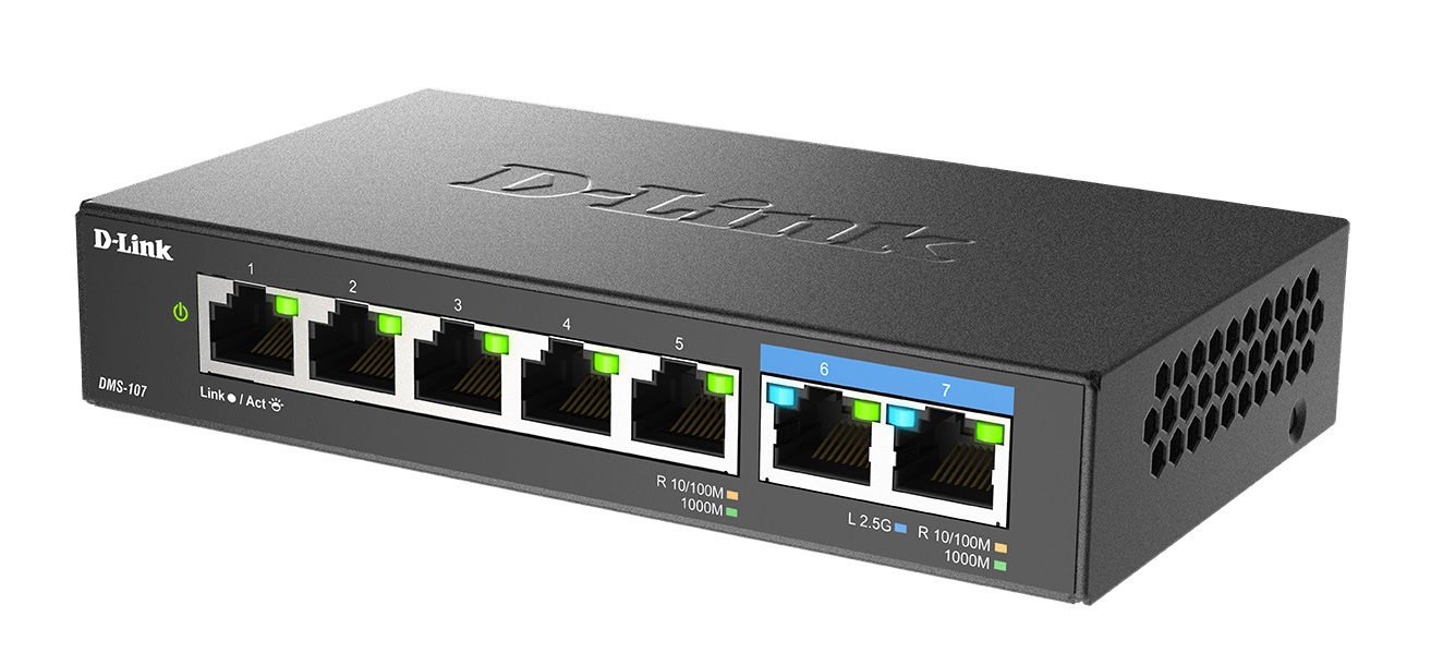 D-Link DMS-107/B Switch Non Gestito Multi-Gigabit a 7 Porte con 2 Porte 2.5G e 5 Gigabit, Senza Ventola, Compatto e Alloggiamento in Metallo