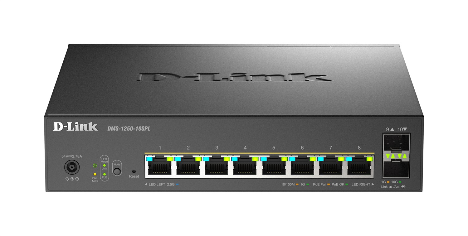D-Link DMS-1250-10SPL Switch 10-Port Multi-Gigabit Smart Managed PoE con 8 Porte PoE da 2.5G e 2 Porte SFP da 10G