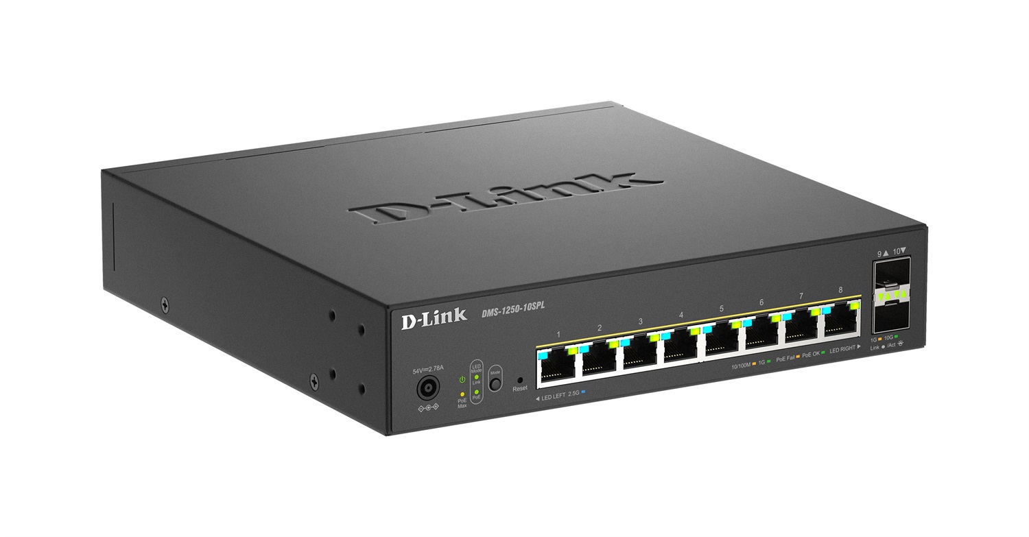 D-Link DMS-1250-10SPL Switch 10-Port Multi-Gigabit Smart Managed PoE con 8 Porte PoE da 2.5G e 2 Porte SFP da 10G