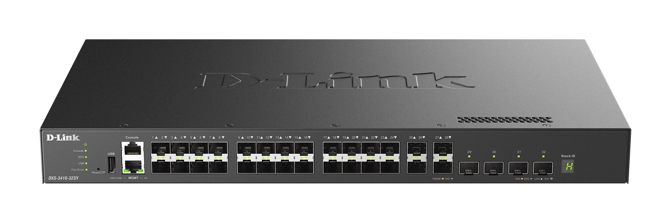 D-Link DXS-3410-32SY Switch di Rete Gestito L3 Nero con 28 SFP e 4 SFP28, Capacità di Commutazione 760 Gbit/s, Montaggio Rack