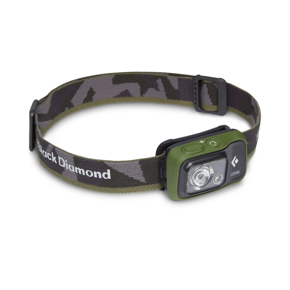 Black Diamond Cosmo 350 - Lampada Frontale Impermeabile con 350 Lumen, Alimentazione Dual-Fuel, Colore Nero e Verde Oliva