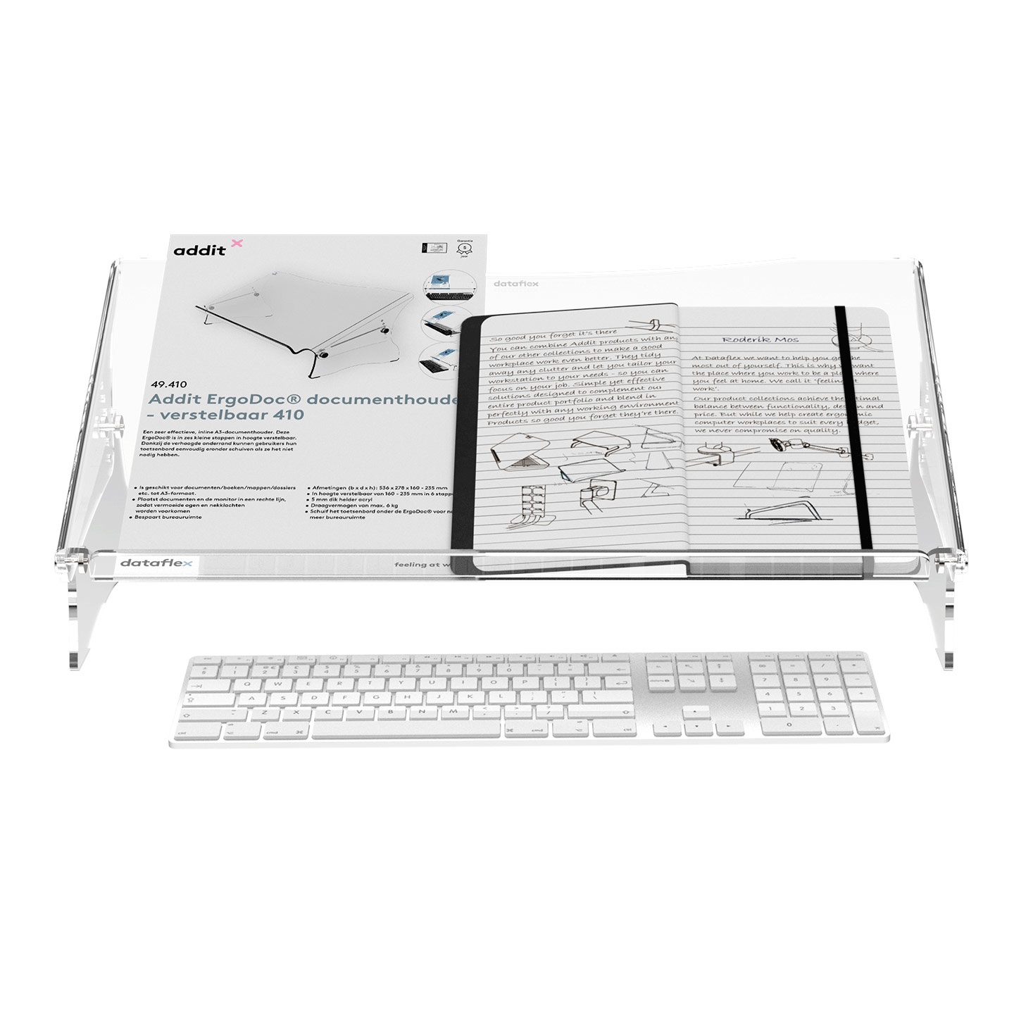 Dataflex Addit ErgoDoc® Porta Documenti Regolabile 410 - Acrilico Trasparente, Fino al Formato A3, Spazio per Tastiera, Capacità 6 kg