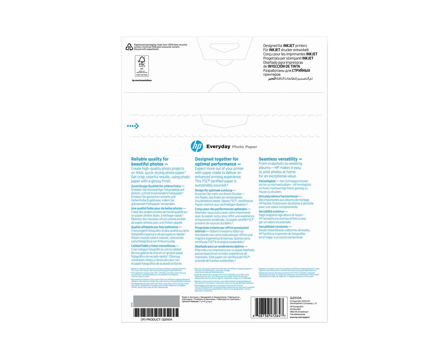 HP Q2510A Carta Fotografica Everyday, Lucida, 200 g/m², A4 (210 x 297 mm), Confezione da 100 Fogli