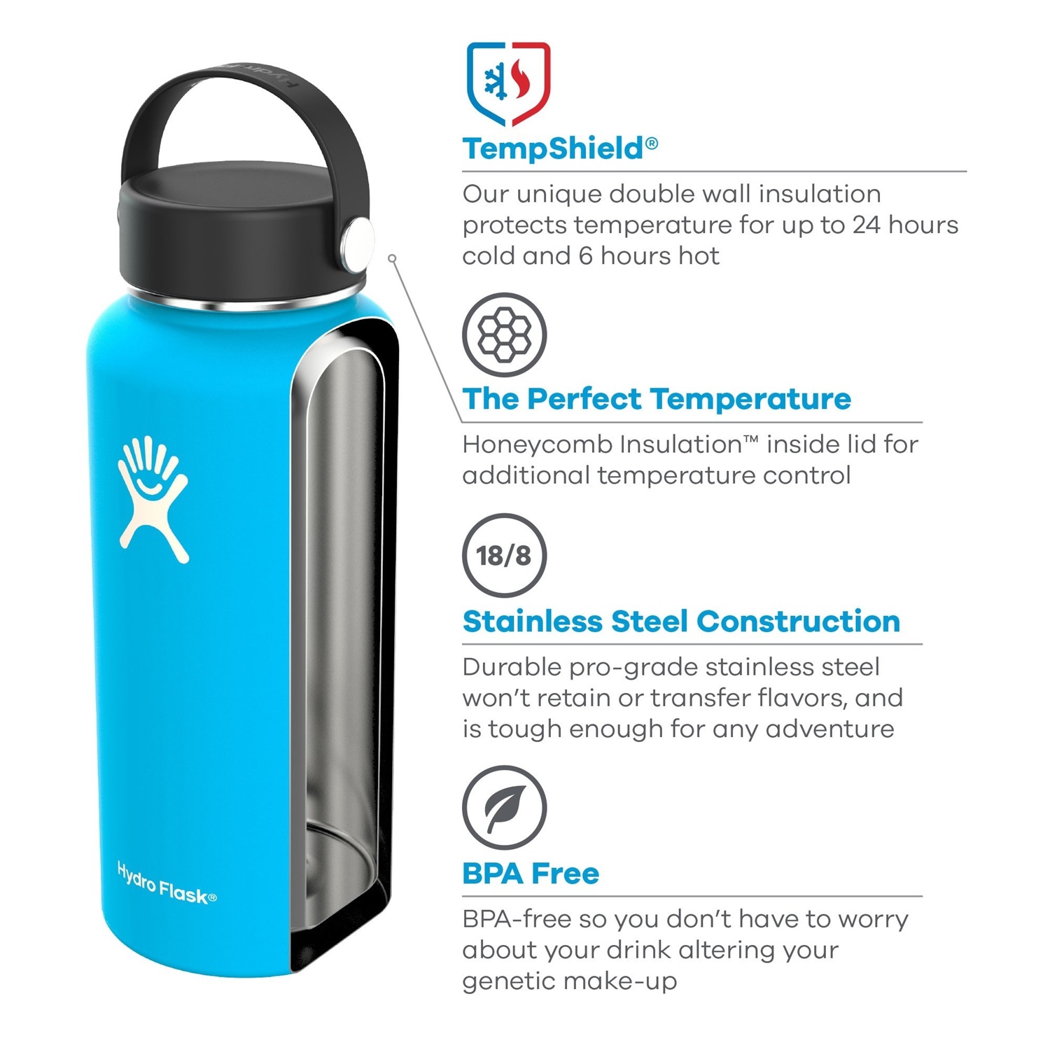 Hydro Flask Borraccia Wide Mouth 946 ml (32 oz) in Acciaio Inossidabile con Isolamento Sottovuoto, Coperchio a Prova di Perdite - Bianco