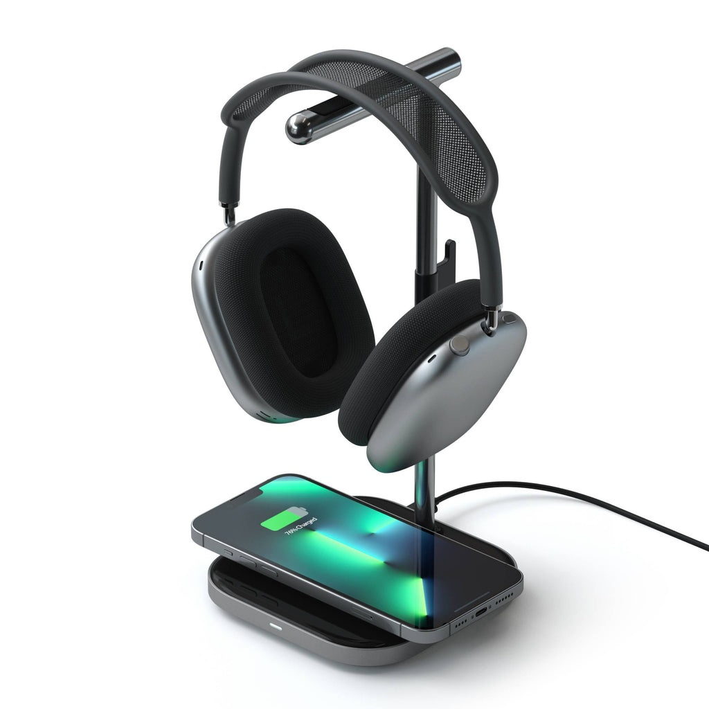 Satechi Supporto per Cuffie 2 in 1 con Caricabatterie Wireless Magnetico - USB Type-C, Compatibile con iPhone 16/15/14/13/12 e Dispositivi Qi - Nero/Grigio
