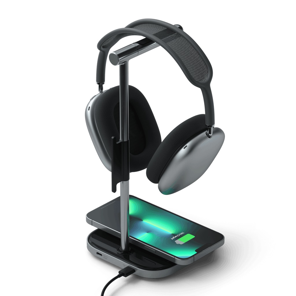 Satechi Supporto per Cuffie 2 in 1 con Caricabatterie Wireless Magnetico - USB Type-C, Compatibile con iPhone 16/15/14/13/12 e Dispositivi Qi - Nero/Grigio