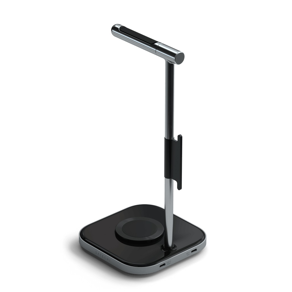 Satechi Supporto per Cuffie 2 in 1 con Caricabatterie Wireless Magnetico - USB Type-C, Compatibile con iPhone 16/15/14/13/12 e Dispositivi Qi - Nero/Grigio
