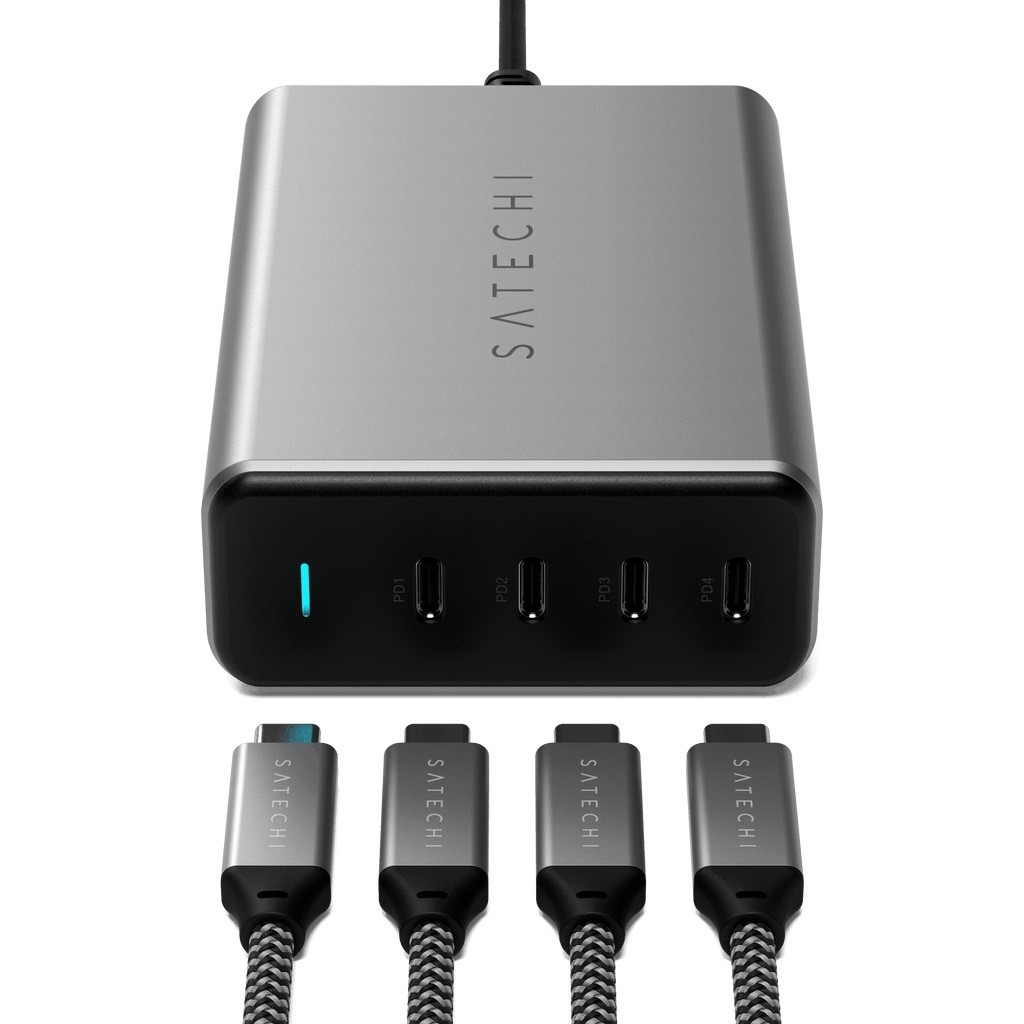Satechi Caricabatterie GaN USB-C 165W con 4 Porte - Ricarica Rapida per MacBook, iPad e iPhone - Nero e Grigio