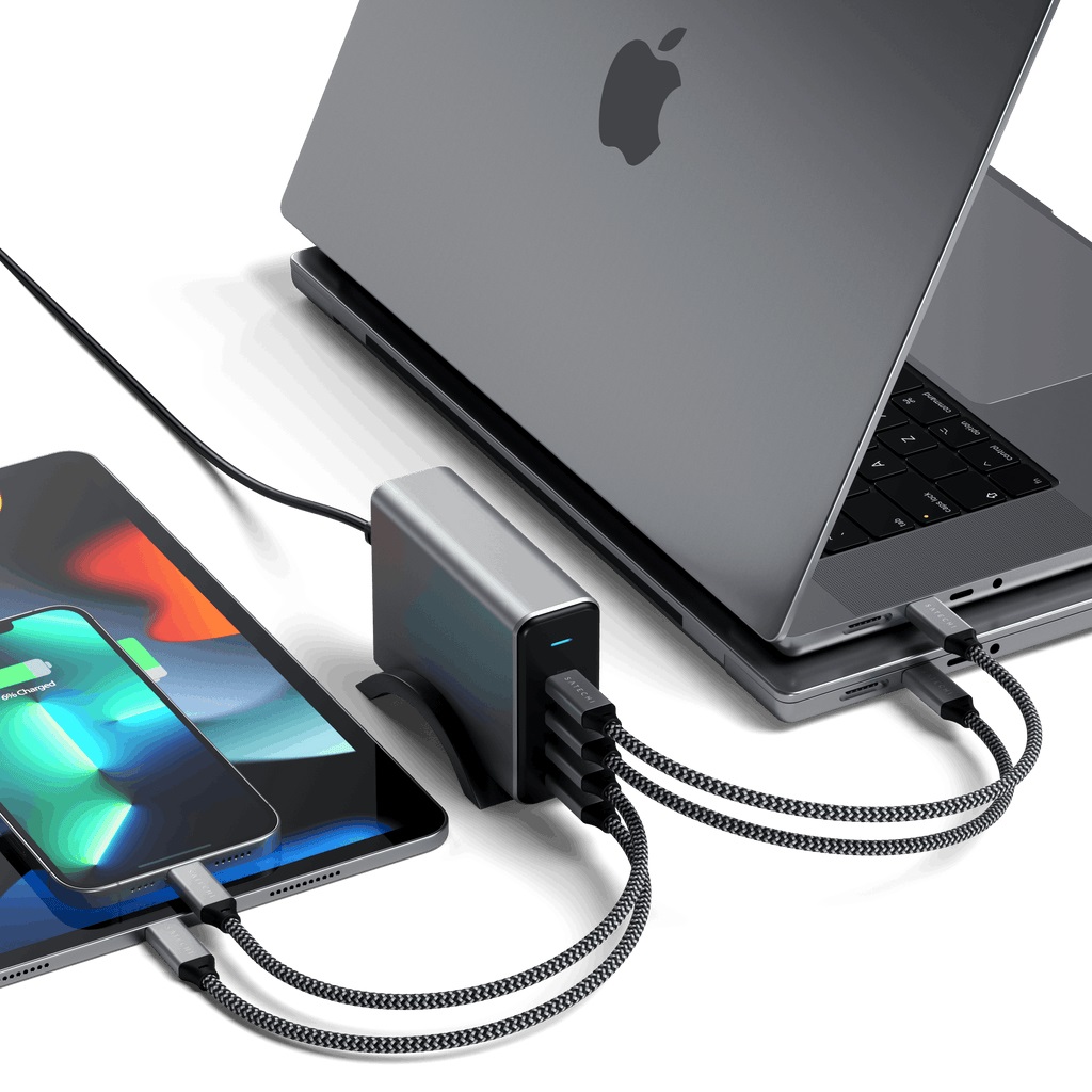 Satechi Caricabatterie GaN USB-C 165W con 4 Porte - Ricarica Rapida per MacBook, iPad e iPhone - Nero e Grigio
