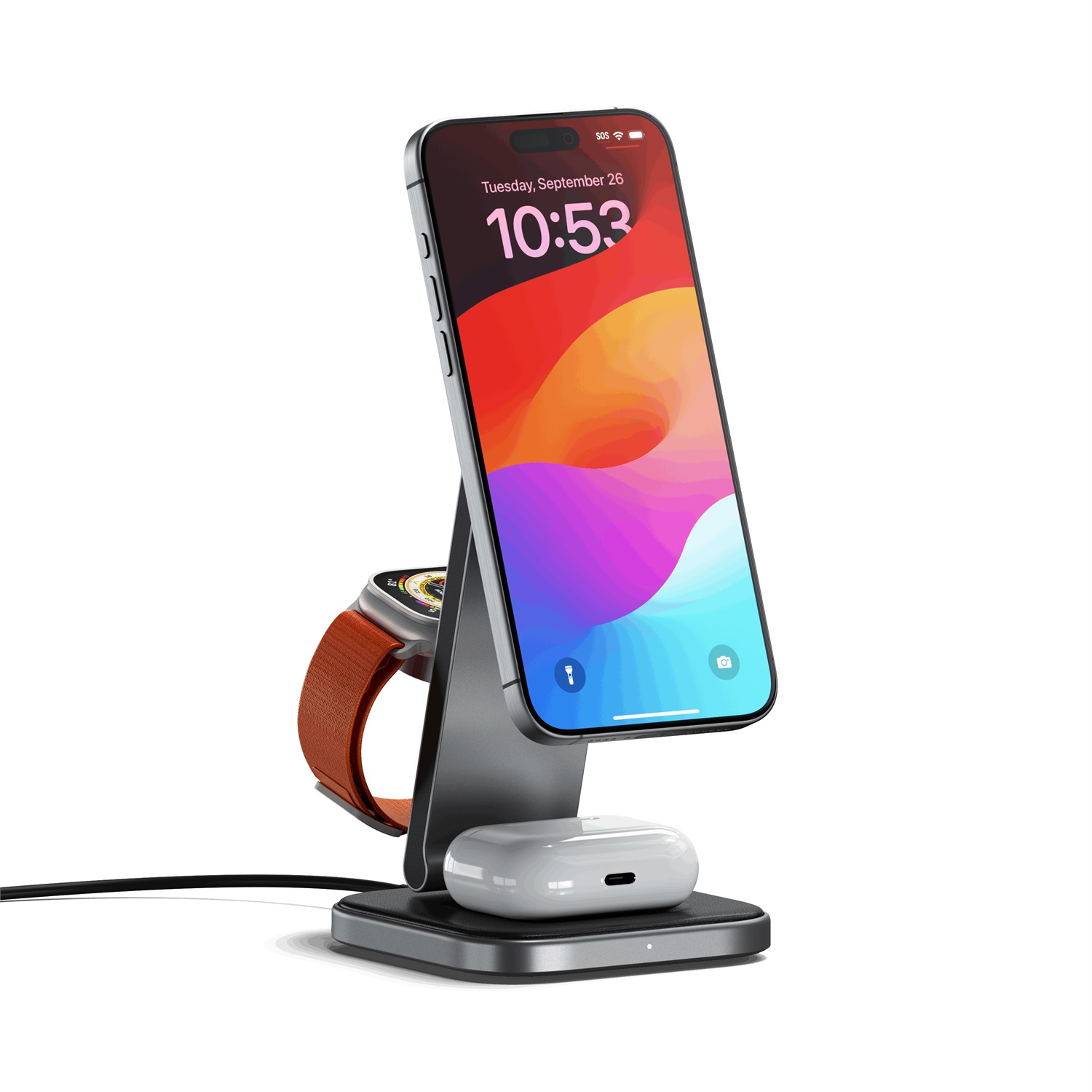 SATECHI Stazione di Ricarica Wireless 3 in 1 Qi2 15W Magnetica Pieghevole per iPhone, Apple Watch e AirPods - Grigio/Nero
