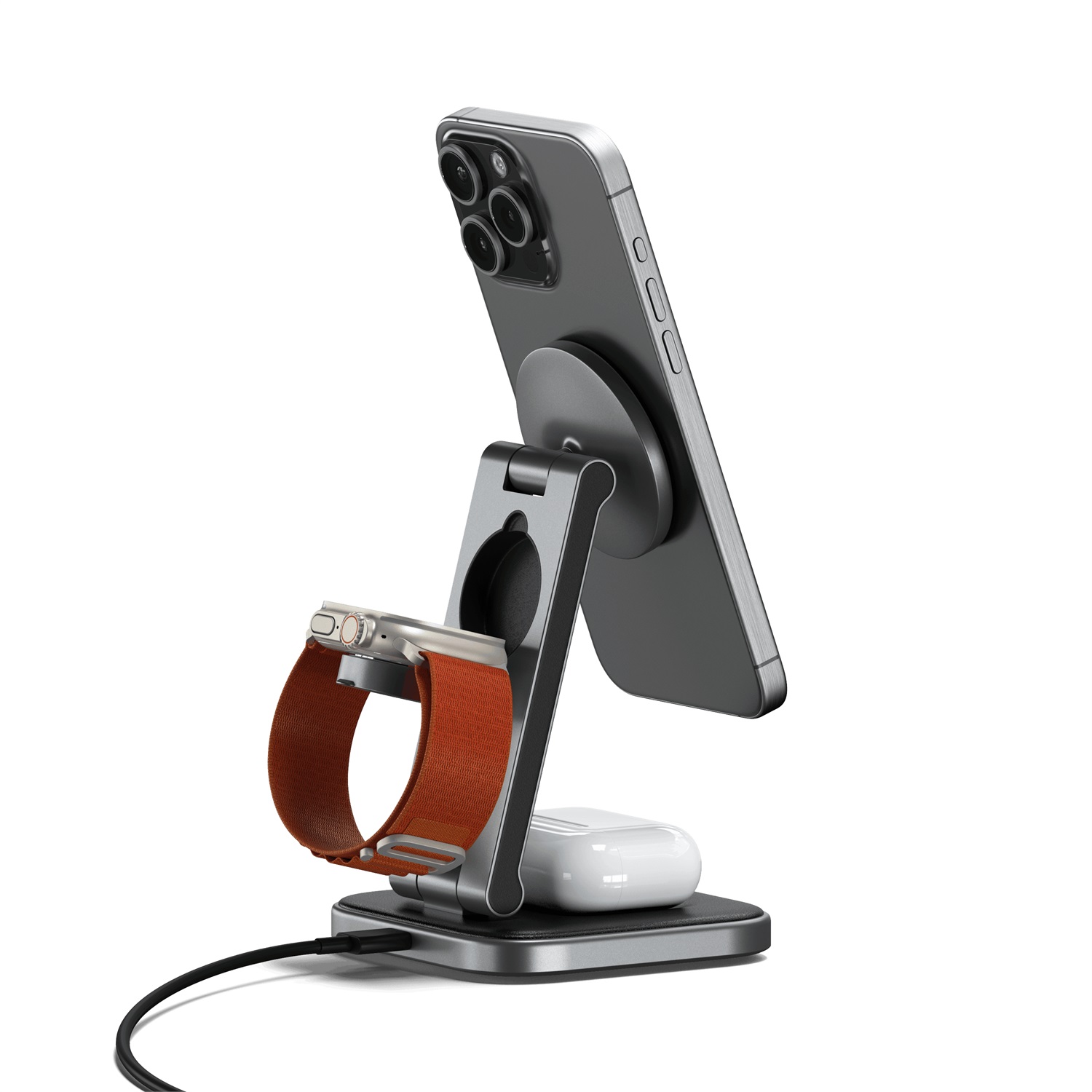 SATECHI Stazione di Ricarica Wireless 3 in 1 Qi2 15W Magnetica Pieghevole per iPhone, Apple Watch e AirPods - Grigio/Nero